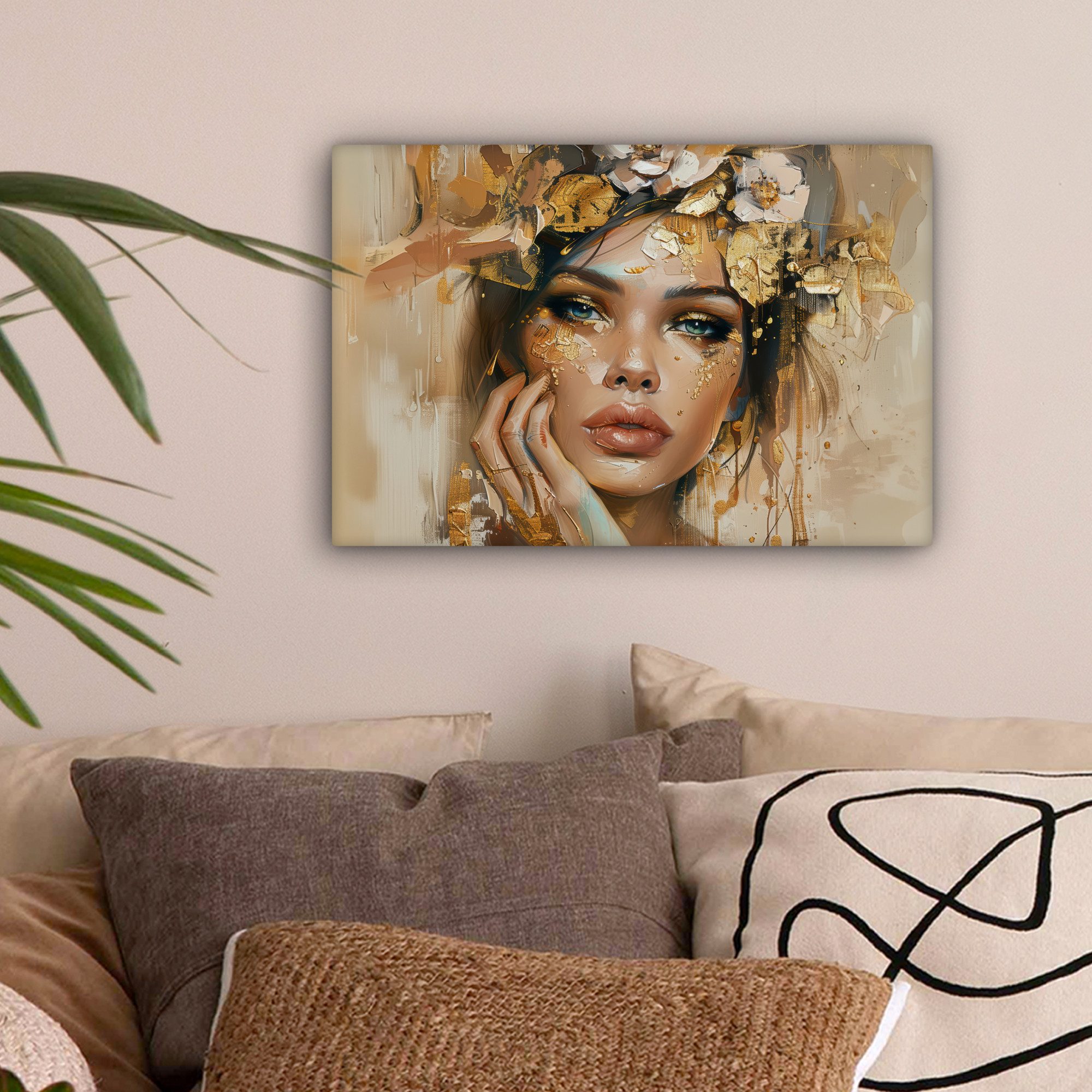 OneMillionCanvasses® Leinwandbild Frau - Blumen - Gold - Porträt, Fotodruck günstig online kaufen