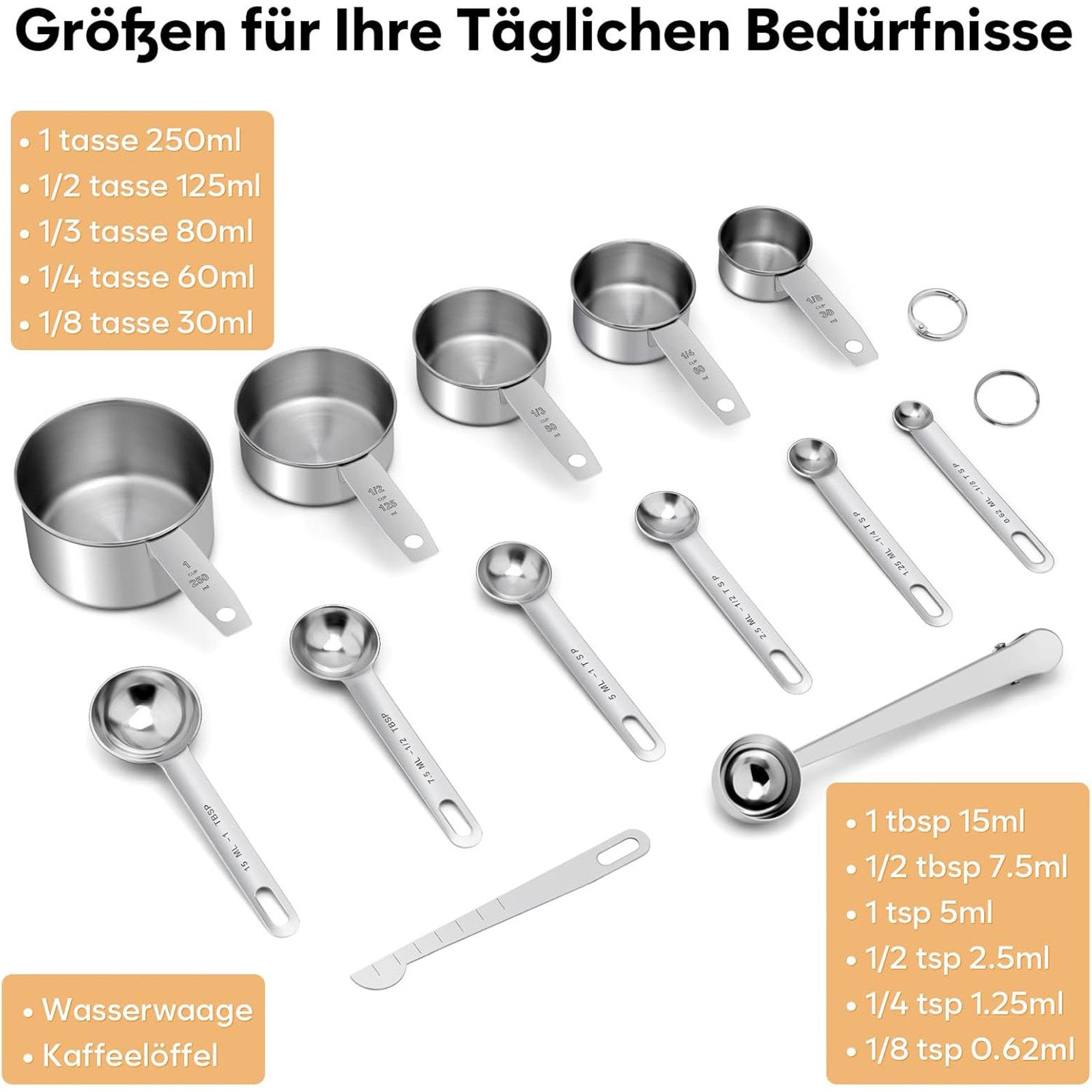 SURFOU Messbecher Messlöffel Messbecher und Löffel Edelstahl 13 Set, Edelstahl, 5 Messbecher, 6 Messlöffel, Messlineal, dosierlöffel Clip