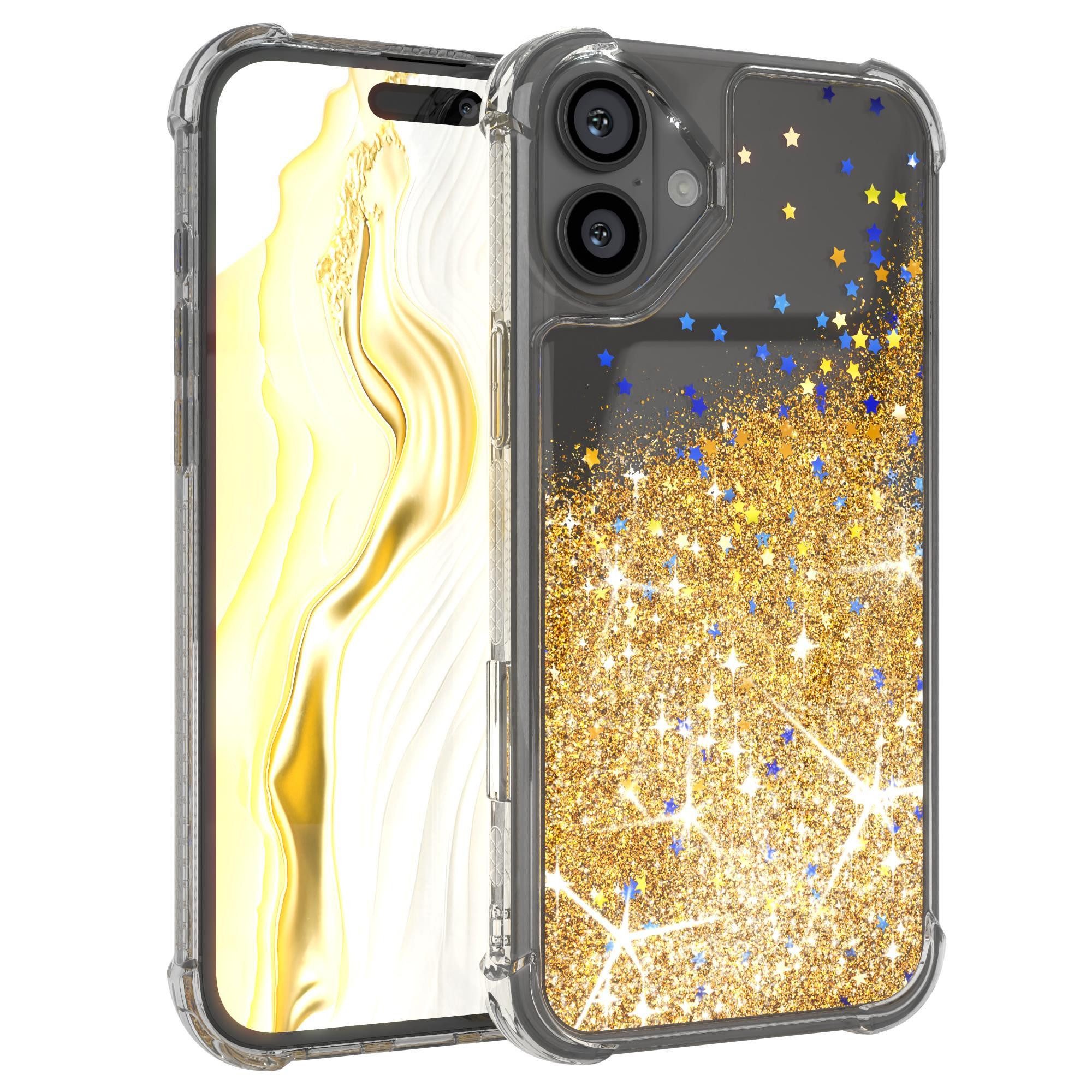 EAZY CASE Handyhülle Liquid Glittery Case für Apple iPhone 16 Plus 6,7 Zoll, Durchsichtig Back Case Handy Softcase Silikonhülle Glitzer Cover Gold