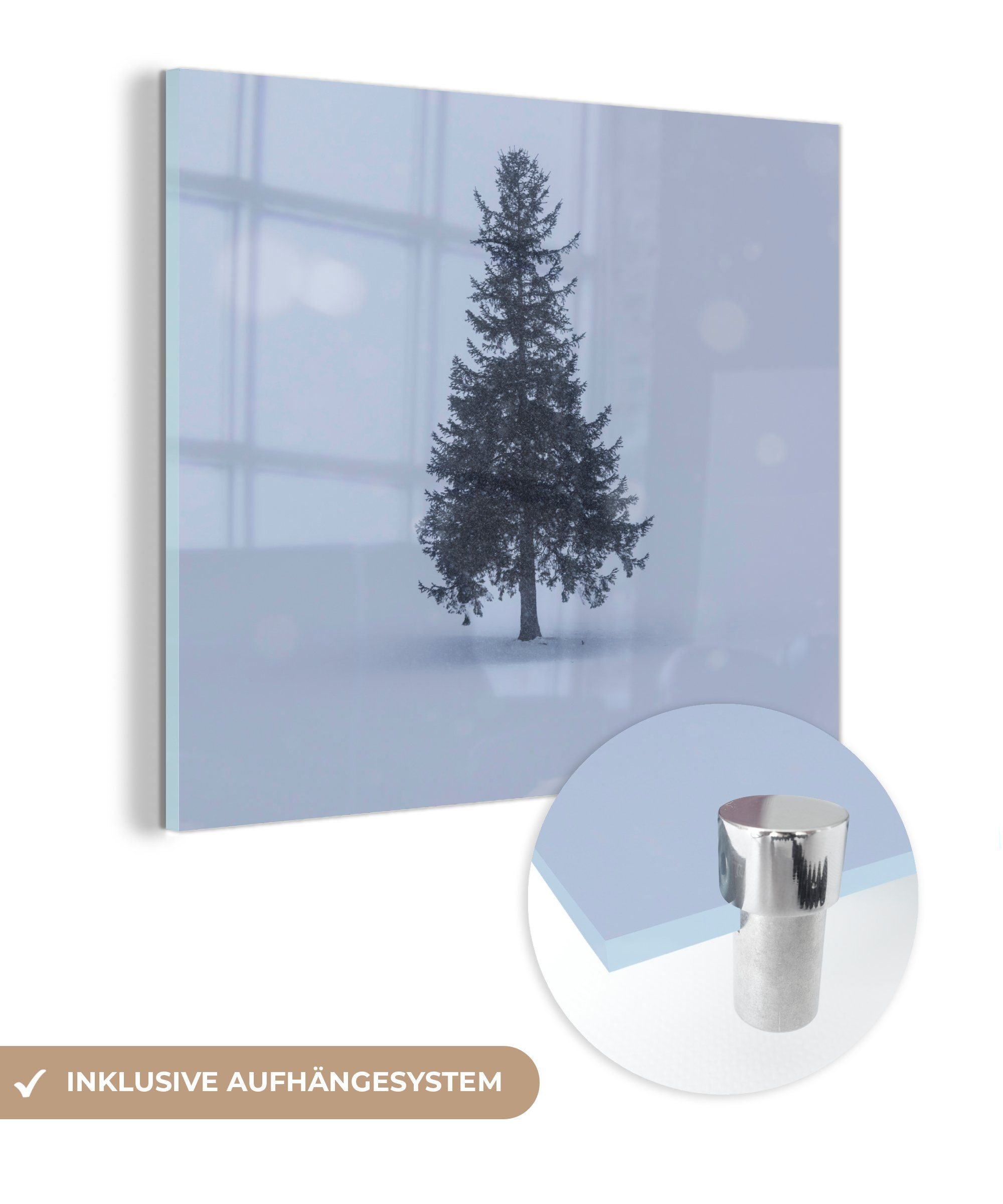 MuchoWow Acrylglasbild Ein Tannenbaum auf weißer Leere, (1 St), Glasbilder - Bilder auf Glas Wandbild - Foto auf Glas - Wanddekoration