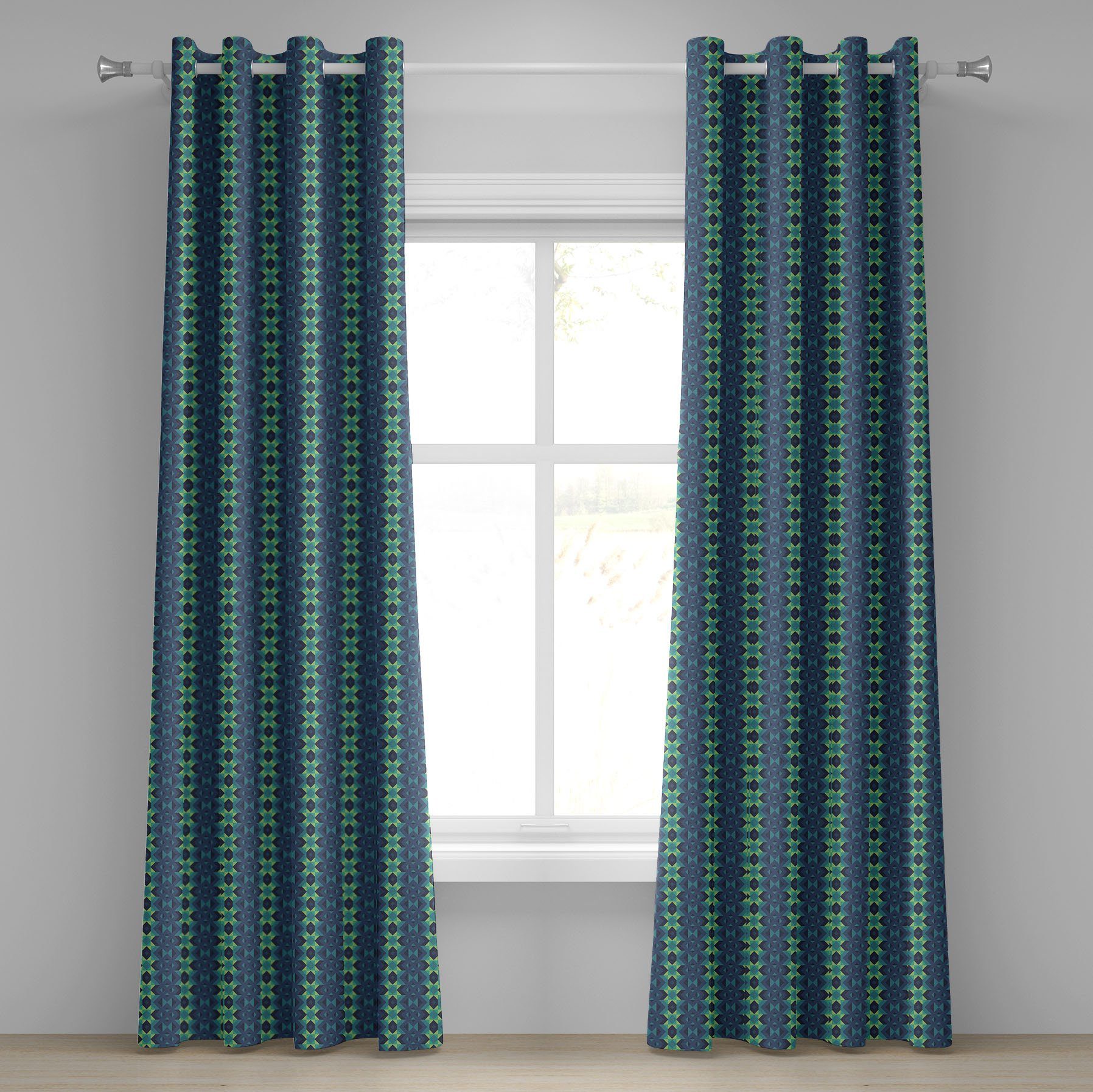 Gardine Dekorative 2-Panel-Fenstervorhänge für Schlafzimmer Wohnzimmer, Abakuhaus, Blau und Grün geometrische Zigzag