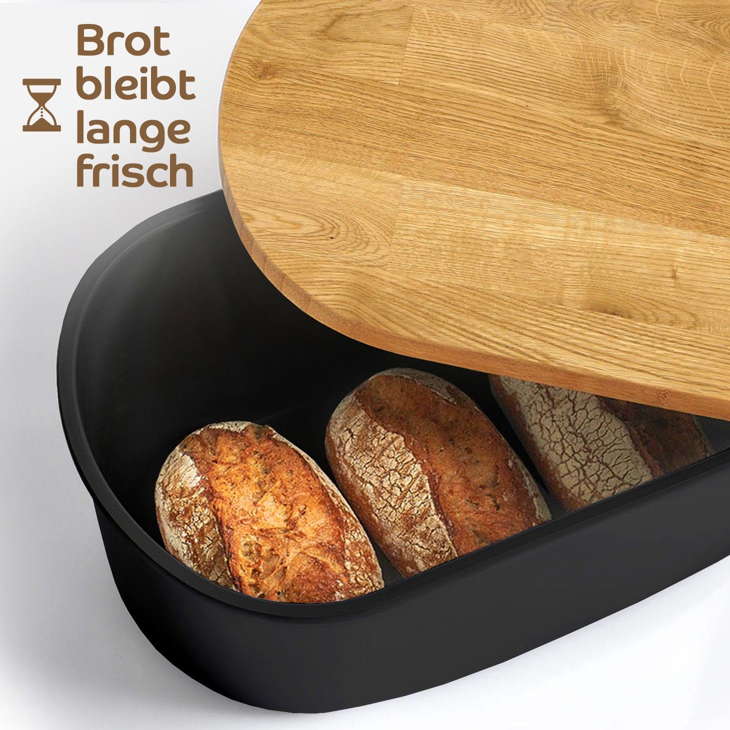 KONZEPT Brotkasten Brotkasten Holz 2in1 mit BPA-frei, Schwarz Brotbox, Produktion europäische Schneidebrett aus Groß