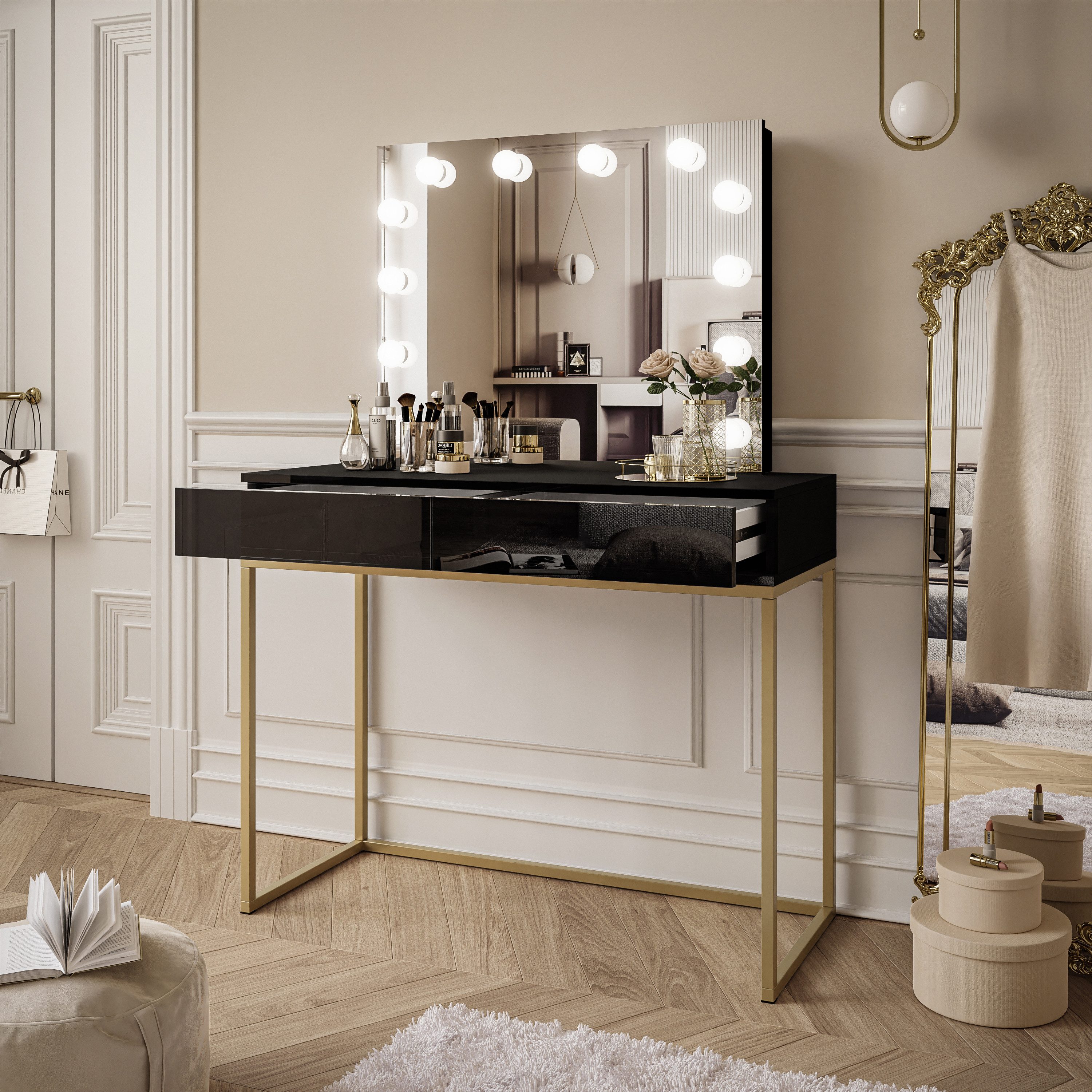 Lookway Schminktisch BLANCO GOLD ELITE mit Spiegel und Beleuchtung