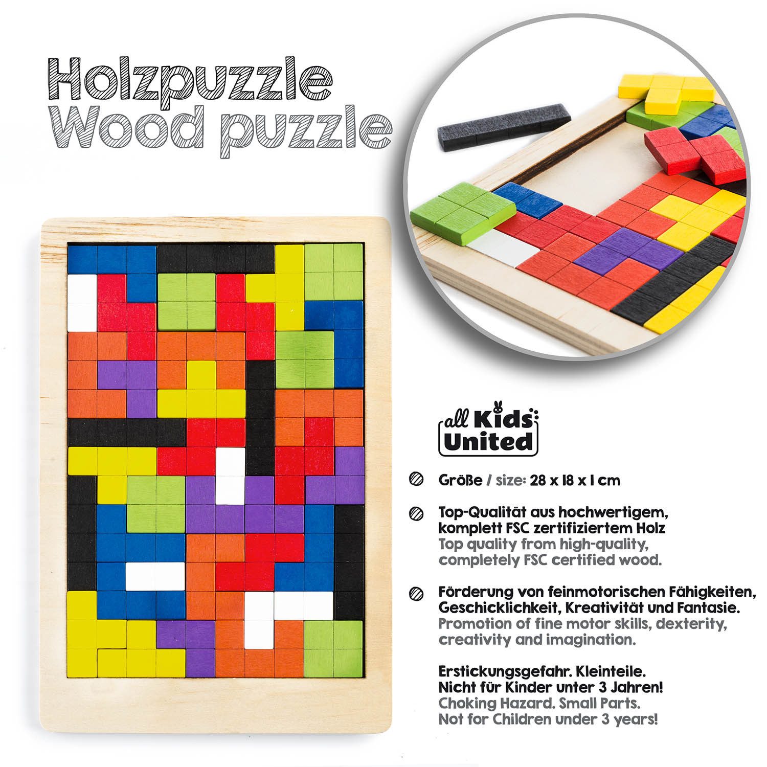 all Kids United Steckpuzzle 3D Tetris Holz-Puzzle, 40 Puzzleteile, Kinder-Spielzeug Pädagogisches Denkspiel