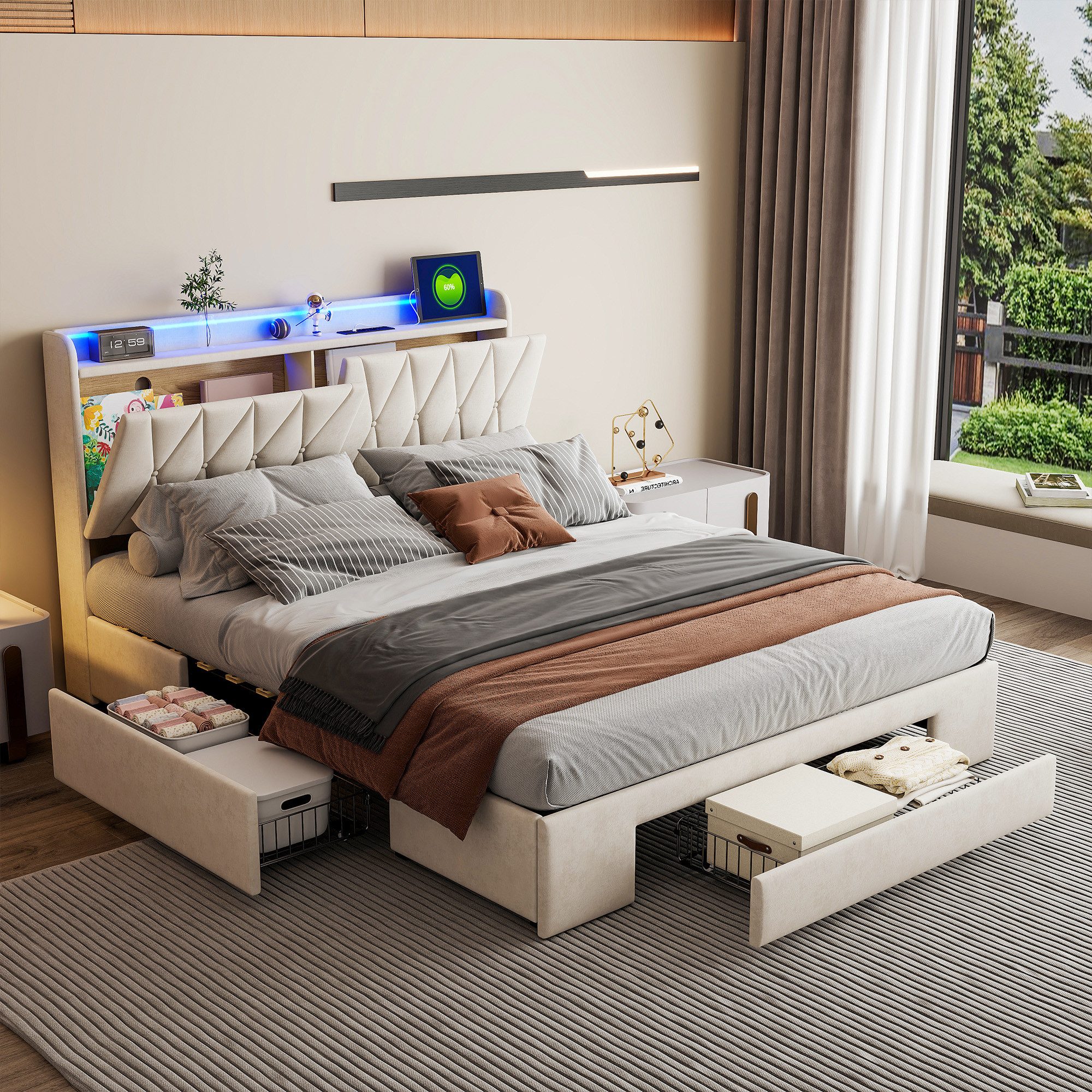 Furnishings Home Polsterbett Stauraumbett Doppelbett LED (Klappbares Kopfte günstig online kaufen