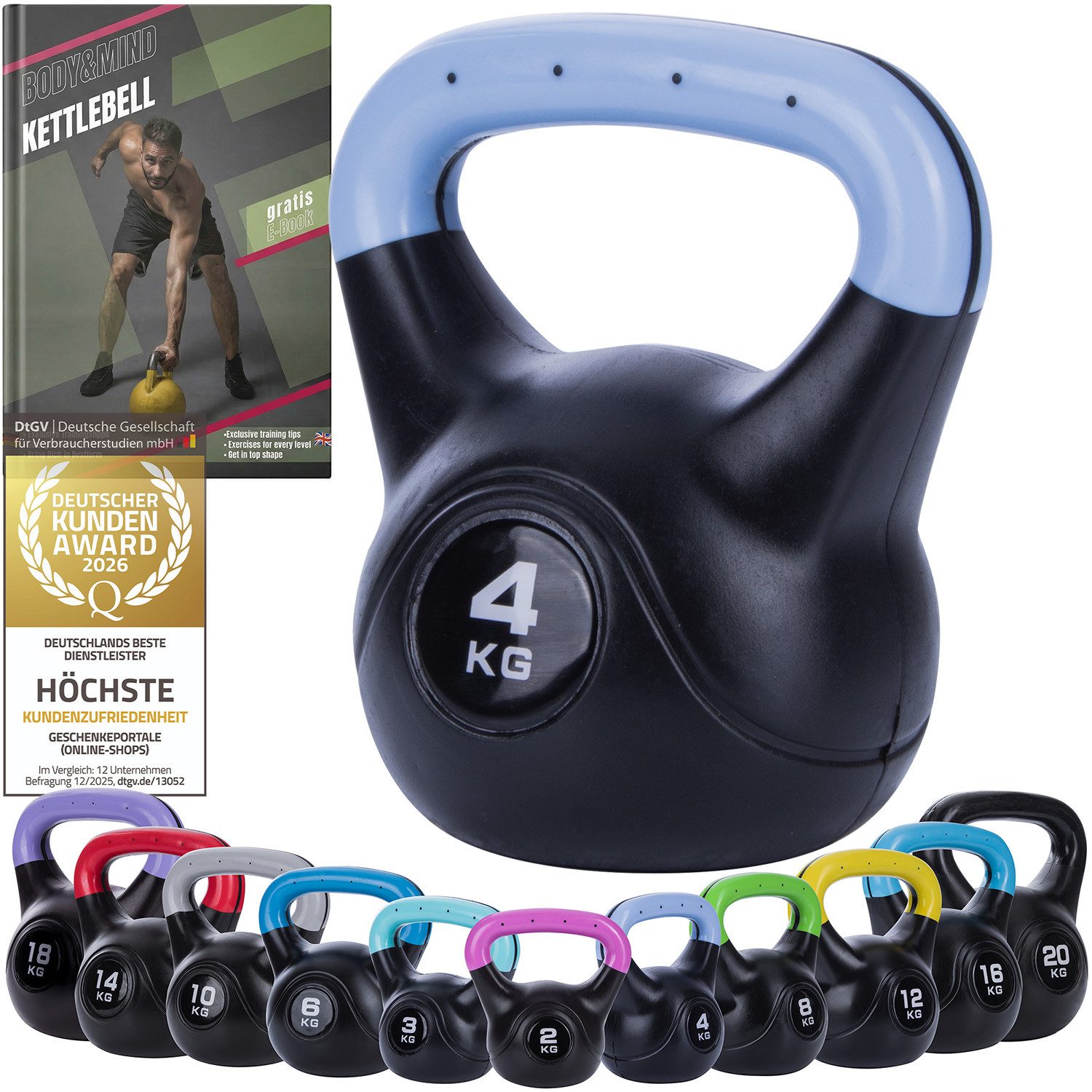 Body & Mind Kettlebell Body & Mind Kettlebell 2–20 kg – Profi Kettlebell mit Kunststoffmantel, (Profi Schwunghantel), Kraftraining Workout Gewicht (4 kg)