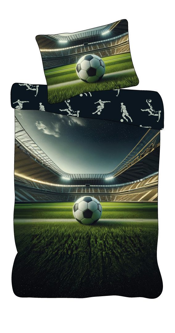 BrandMac Bettwäsche Fußball-Stadion - Wende-Bettwäsche-Set mit Fussball, 135x200 & 80x80, Baumwolle, 100% Baumwolle