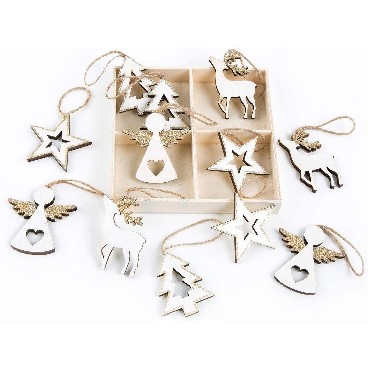 Logbuch-Verlag Dekofigur 12 Holzanhänger Weihnachten in Weiß, Creme und Gol günstig online kaufen
