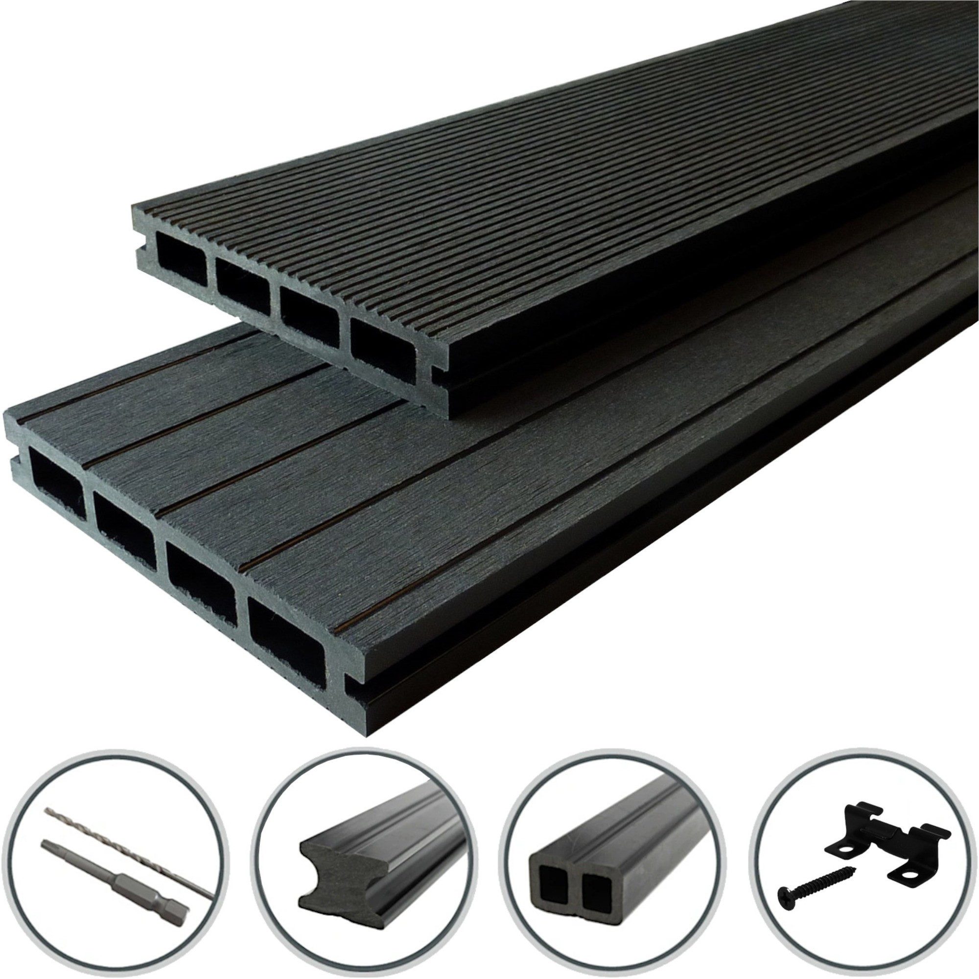 WPC Profi Terrassendielen Terrassen Diele 25mm anthrazit, (Komplettset, mit Unterkonstruktion, Clips und Schrauben)