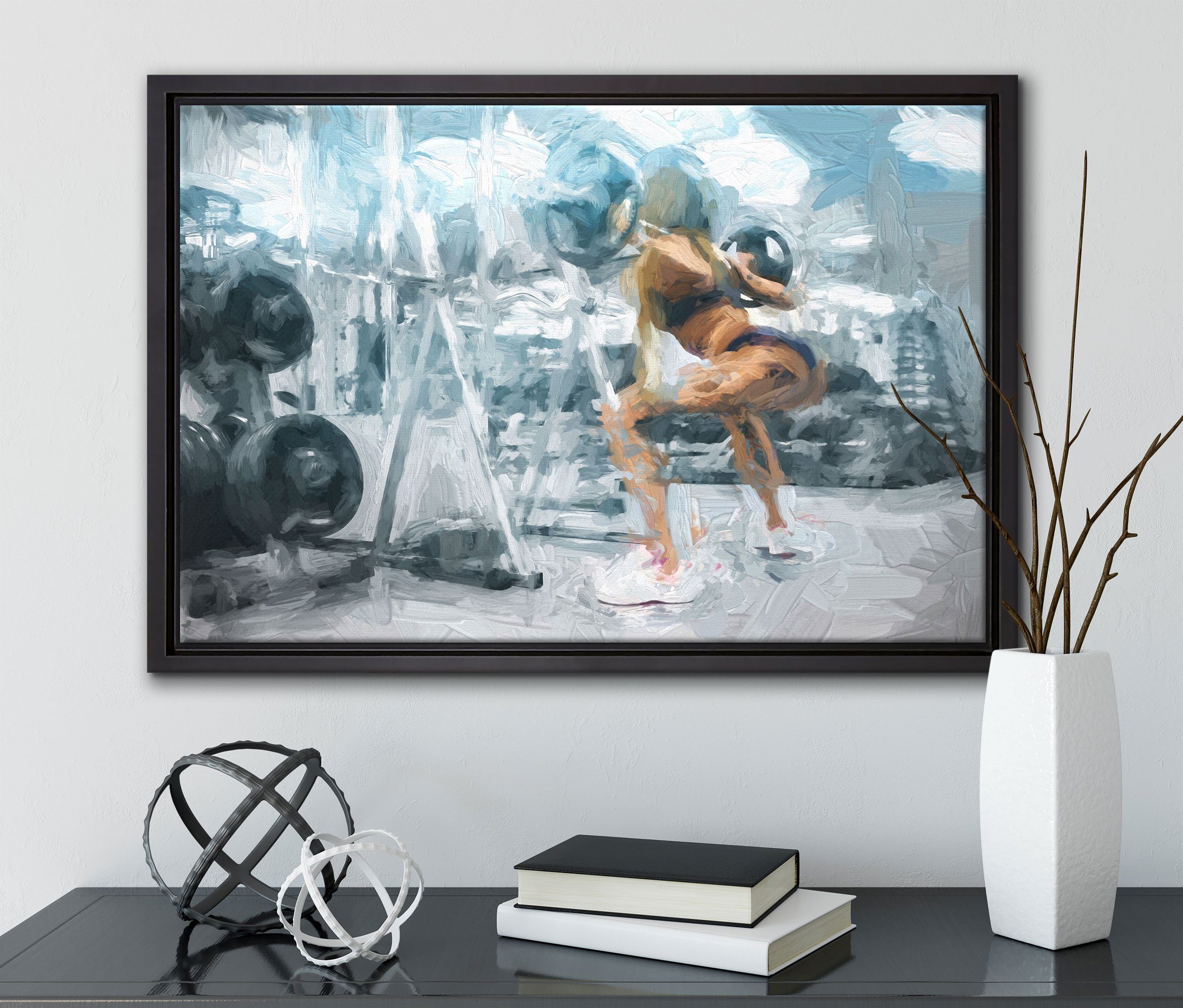 Pixxprint Leinwandbild in fertig mit Hantelstange, Wanddekoration bespannt, (1 inkl. Leinwandbild Frau St), einem gefasst, Sportliche Schattenfugen-Bilderrahmen Zackenaufhänger
