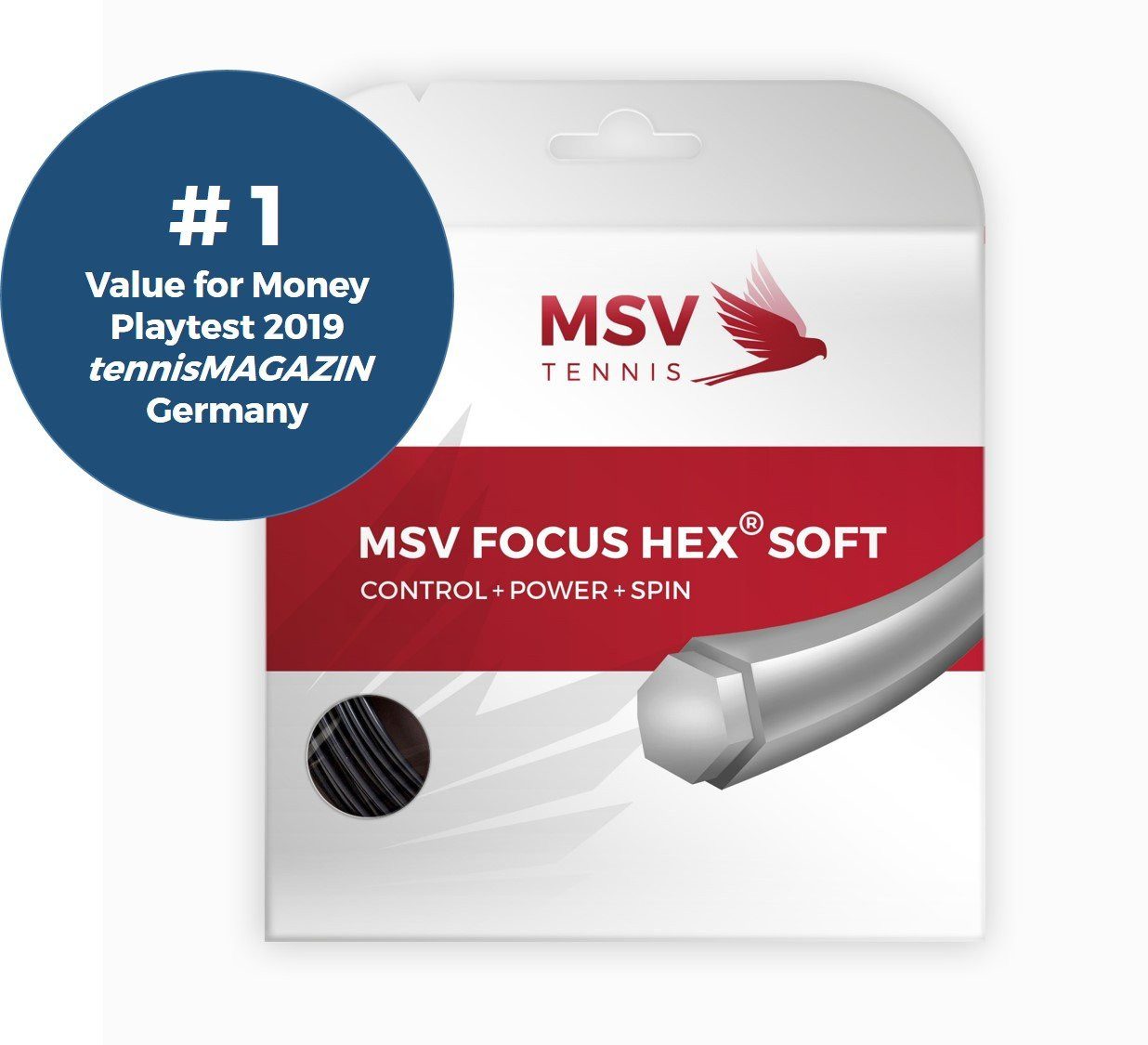 MSV Tennissaite Focus Hex Soft (Haltbarkeit+Kontrolle+Power+Spin) schwarz 12m Set, Saitendicke: 1.25