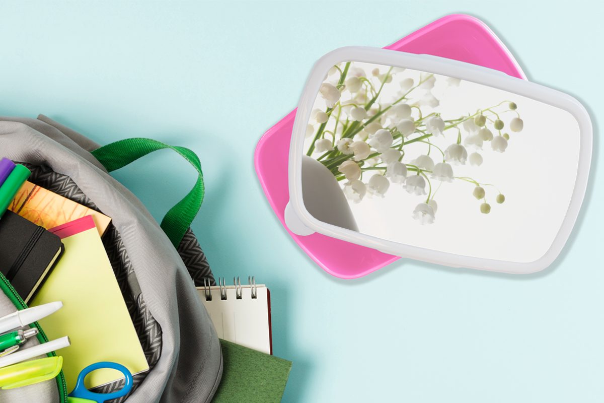 Brotdose Kunststoff Erwachsene, MuchoWow einem rosa Kunststoff, (2-tlg), Blumentopf, Lunchbox für Kinder, in Snackbox, Maiglöckchen Mädchen, weißen Brotbox