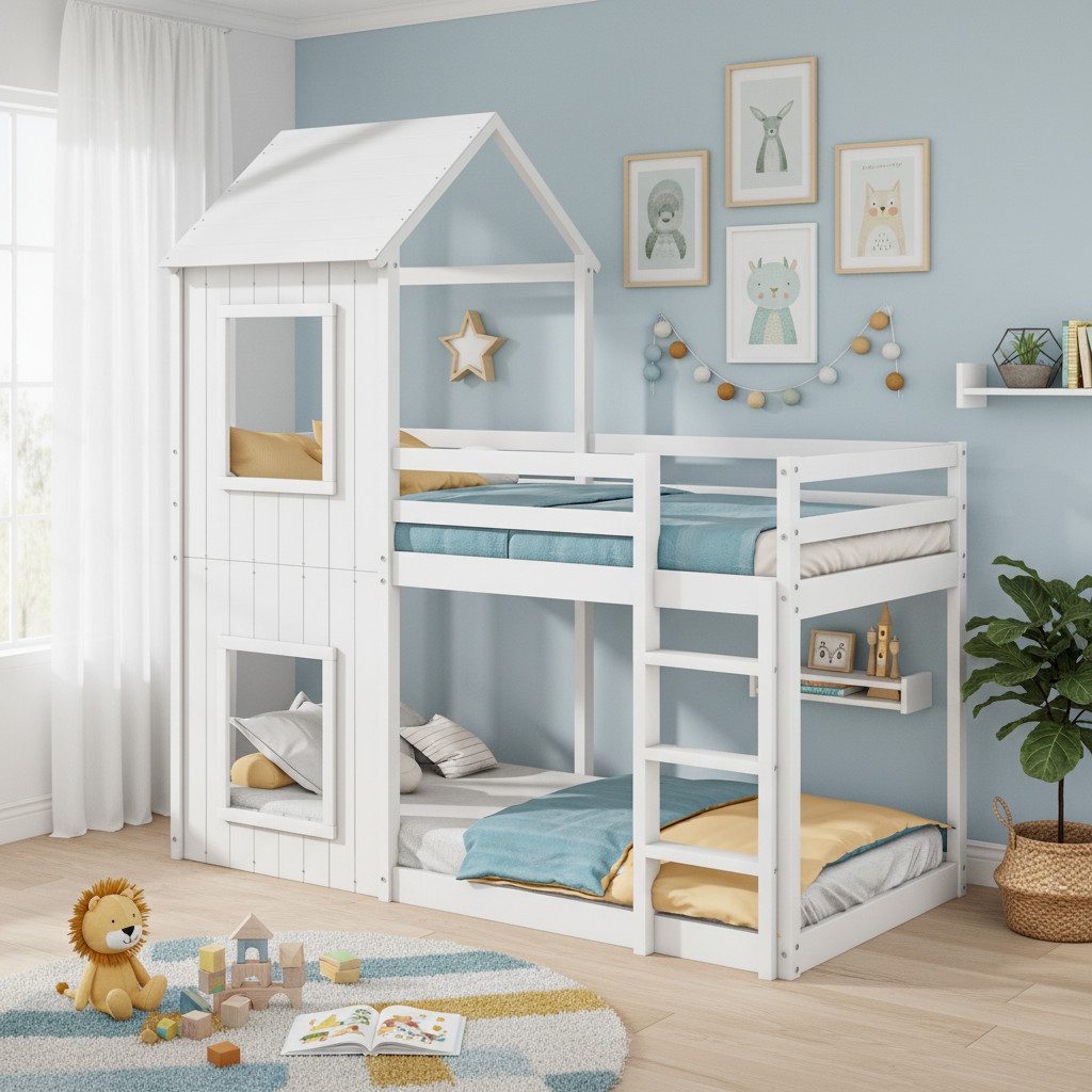 Flieks Etagenbett, Hochbett mit Treppe Hausbett Kinderbett 200x90cm Kiefer