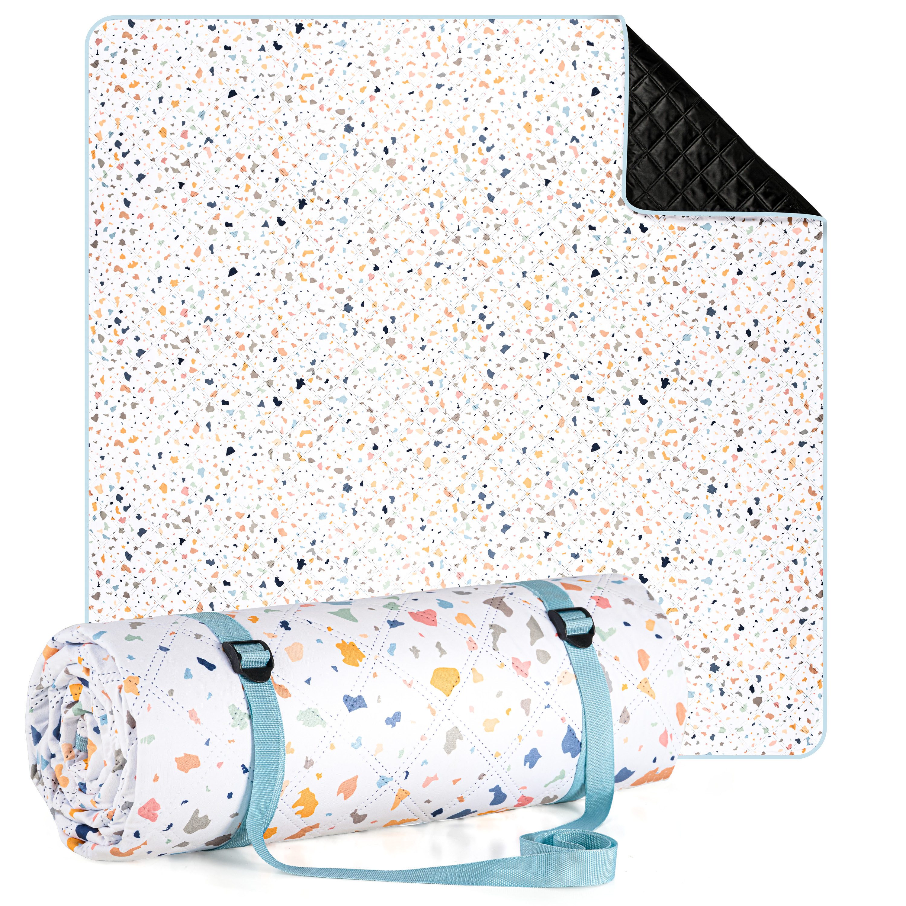 Picknickdecke Premium Picknickdecke wasserabweisend - Boho & TERRAZZO Design, Blumtal, waschbare Stranddecke sandfrei + weiche Zwischenfüllung