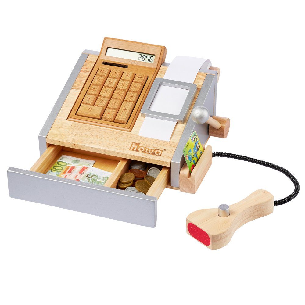 howa Spielkasse, aus Holz mit Taschenrechner und Spielgeld