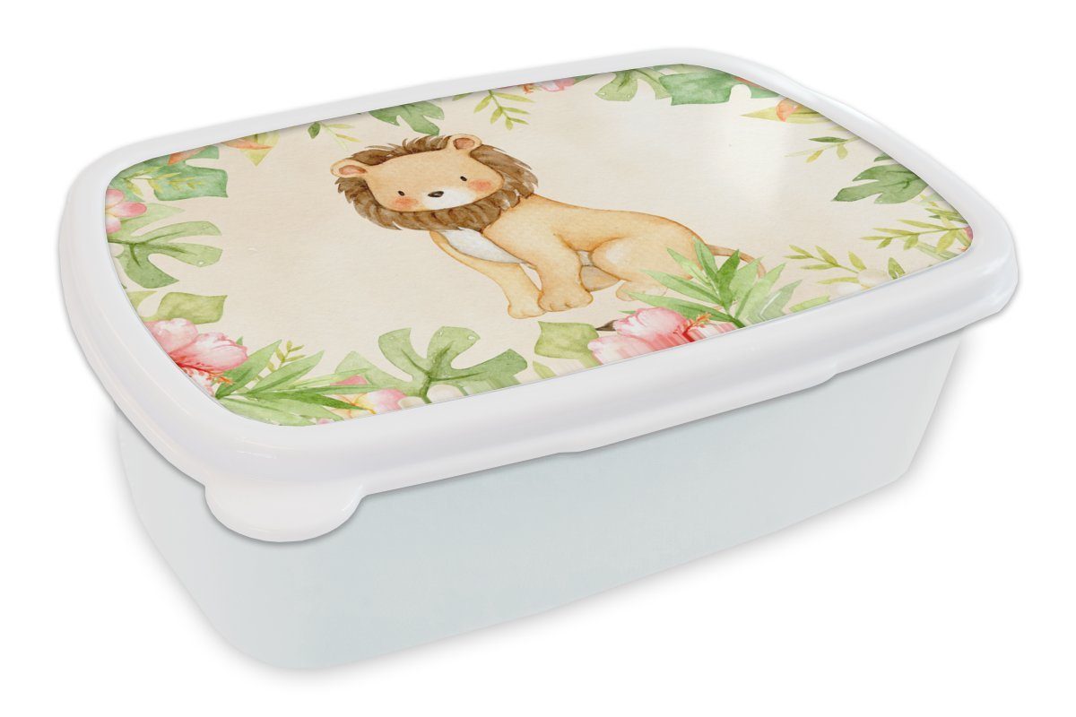 MuchoWow Lunchbox Löwe - Dschungel - Aquarell, Kunststoff, (2-tlg), Brotbox für Kinder und Erwachsene, Brotdose, für Jungs und Mädchen weiß