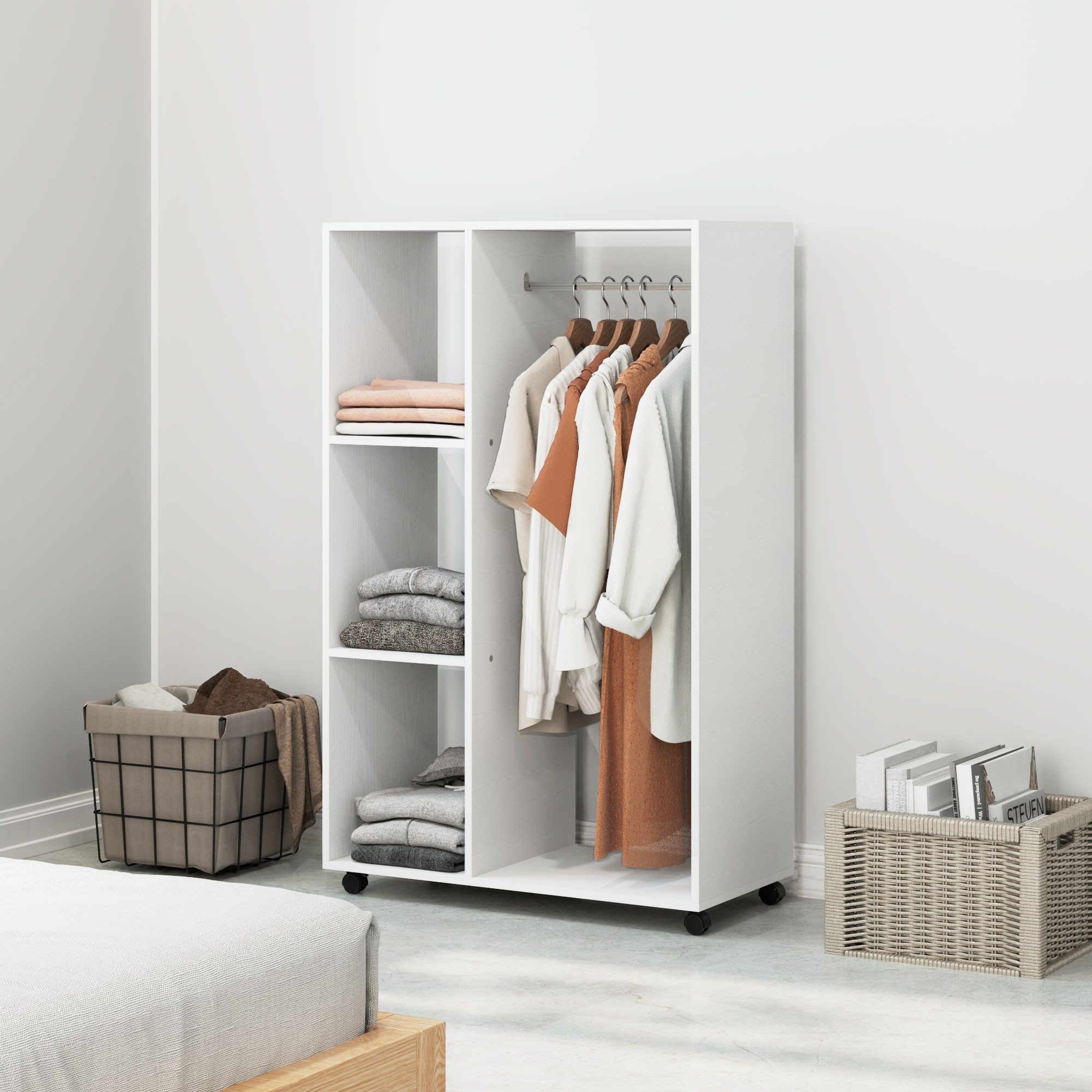 OKWISH Kleiderschrank Garderobenschränke 80x128x40 cm mit Rollen in Weiß (Packung, 1-St., Mobile Garderobe mit 1 Kleiderstange & 3 Regalen) Rollbarer Kleiderständer für Flur, Schlafzimmer & Waschküche