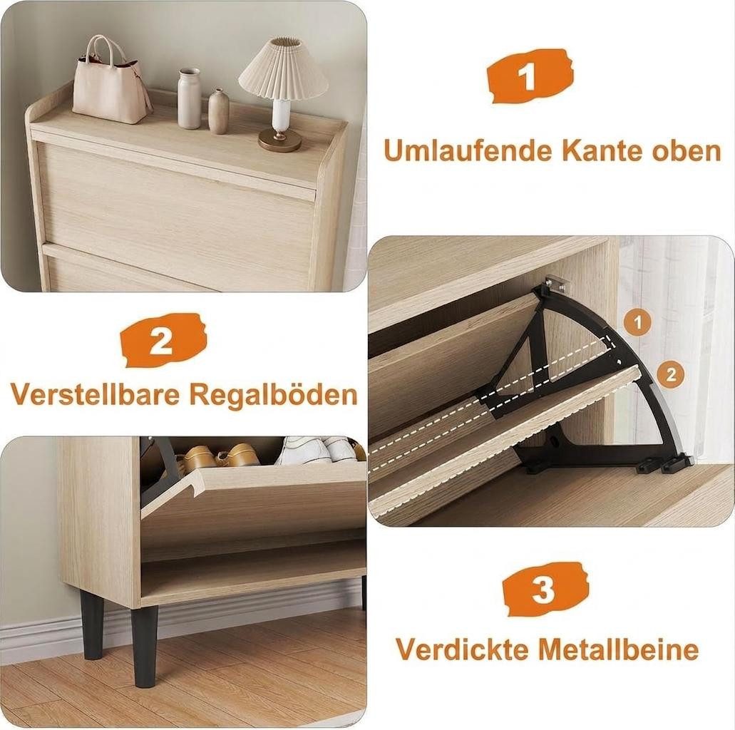 GarveeMore Schuhschrank aus Holz mit 2 Klappschubladen und verstellbarem Regal Schuhregal,Schuhkipper für Flur,Wohnzimmer,88x27x95.5cm – Bild 4 von 5