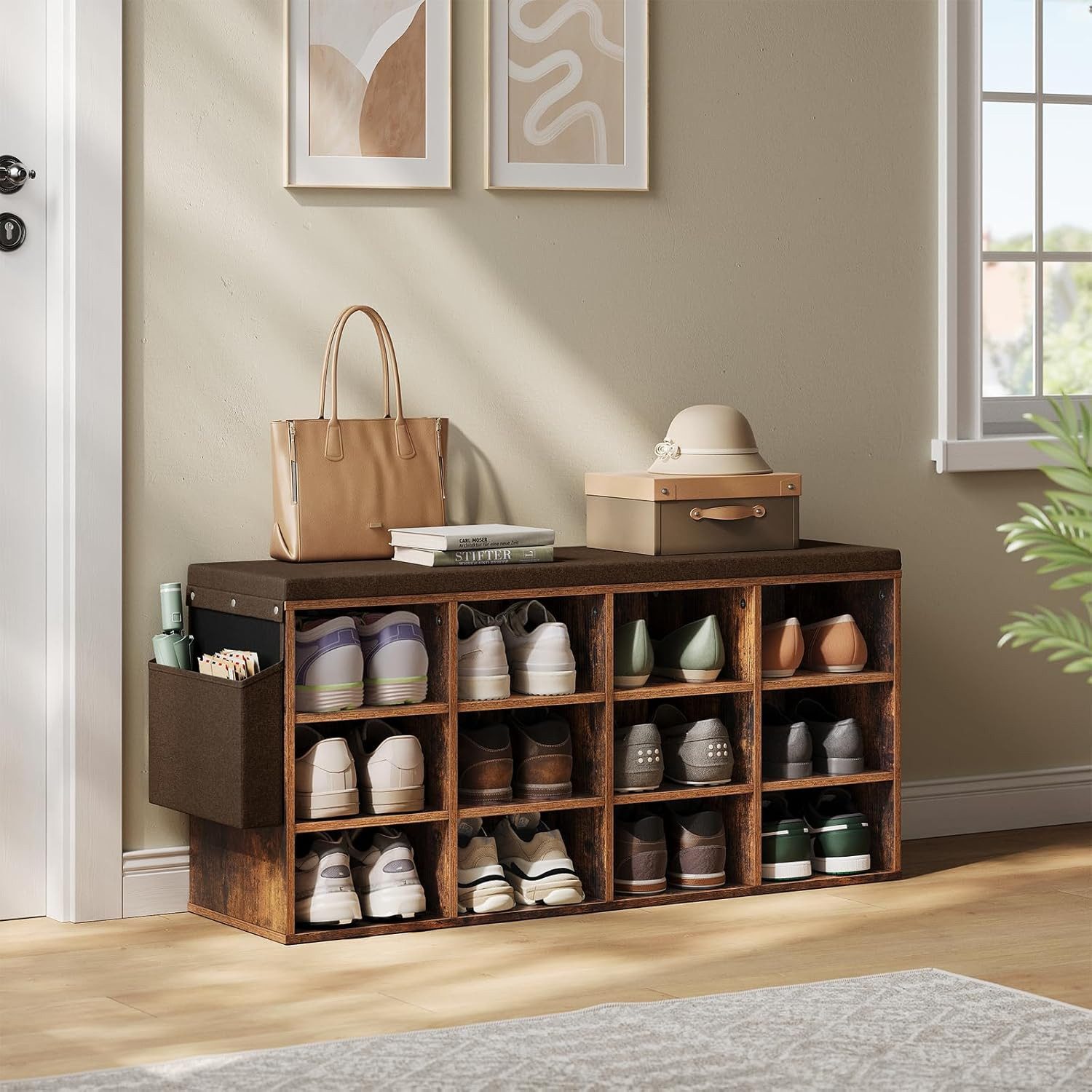 Woltu Schuhbank, mit Sitzbank 12 Fächern, Schuhregal für Flur, 102x30x48,5 cm