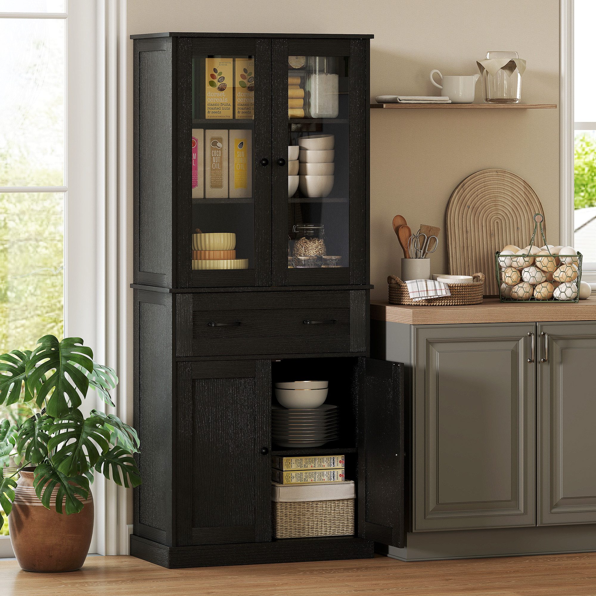HOMCOM Hochschrank Küchenschrank Buffetschrank mit 2 Schränken, Acrylglastüren (Vitrinenschrank, 1-St., Hochschrank) für Küche, Esszimmer, Schwarz