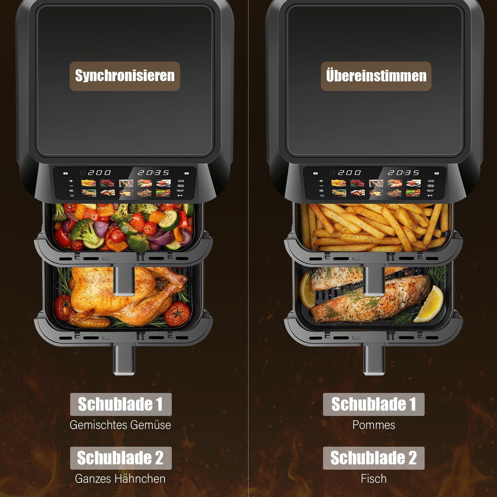 oyajia Heißluftfritteuse Airfryer XXL Dual Zone, 2 vertikale Schubladen, 10 Kochfunktionen, 2600,00 W, Heißluftfritteuse, 32% platzsparender, Sync und Match-Fun – Bild 4 von 5