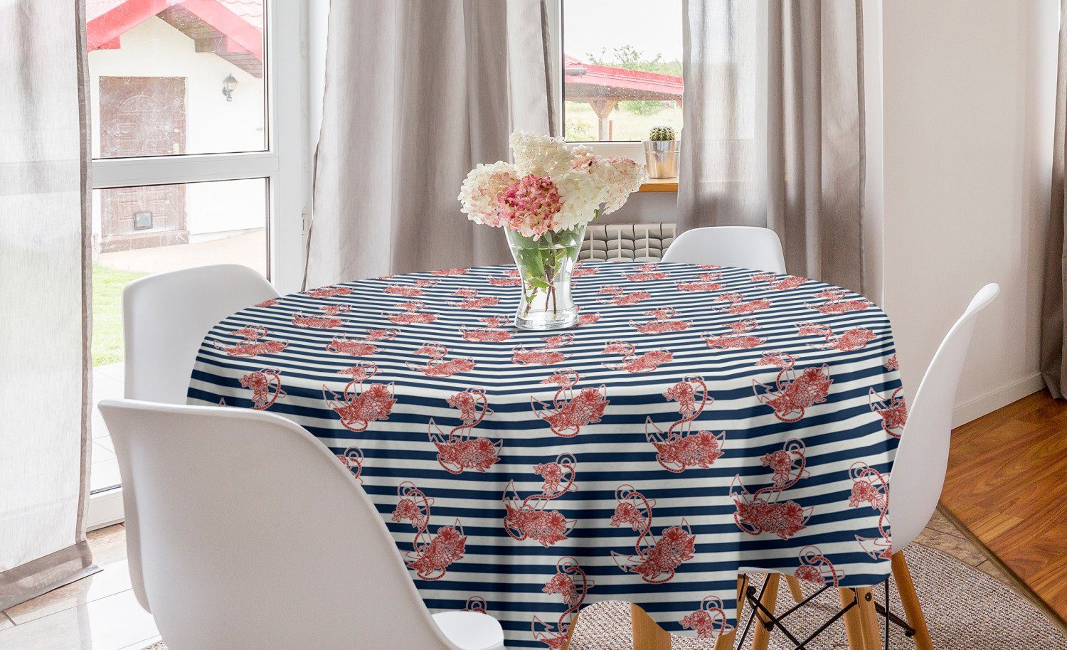 Abakuhaus Tischdecke Kreis Tischdecke Abdeckung für Esszimmer Küche Dekoration, Blumen Anchor gestreifter Hintergrund