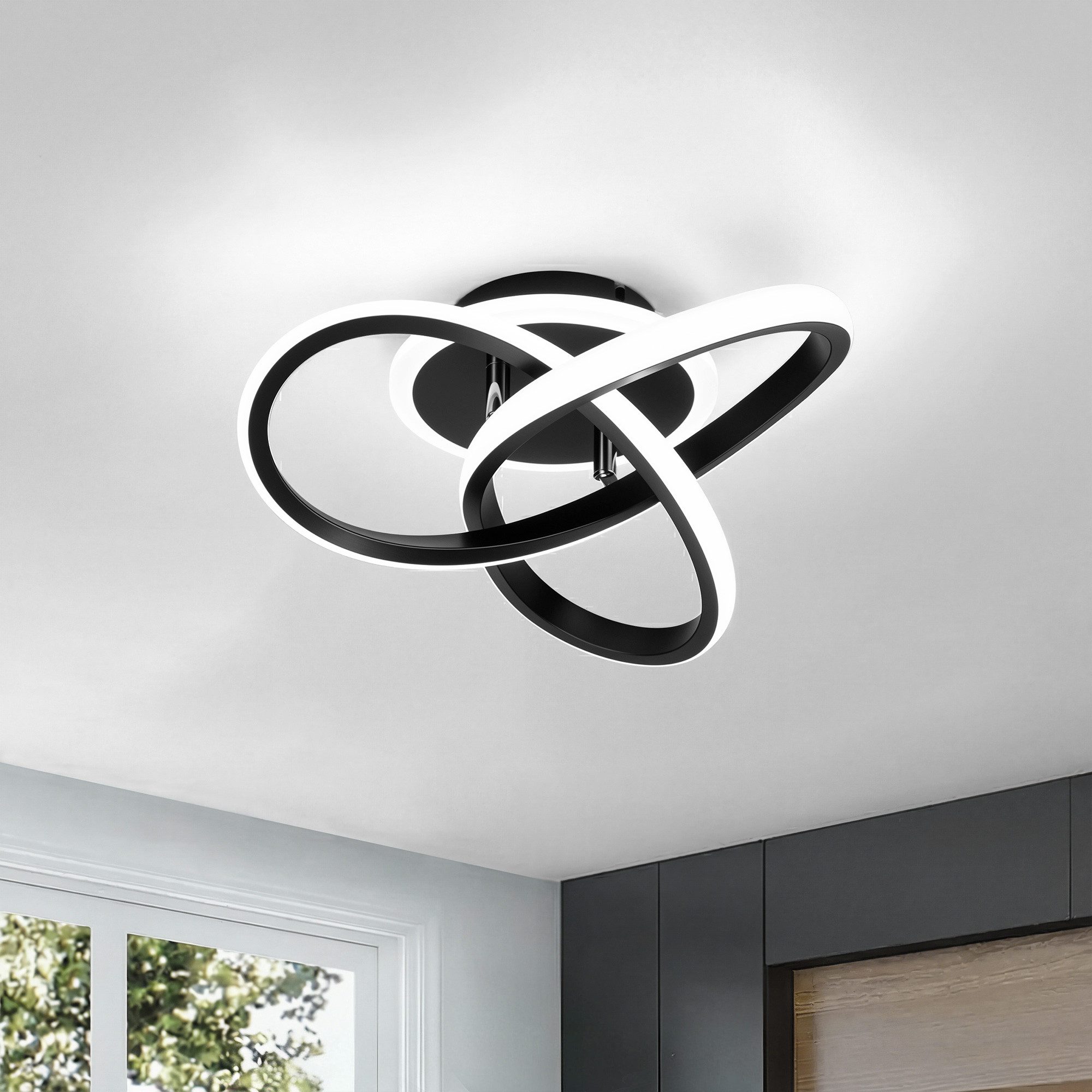 BlingBin Deckenleuchte 25CM Schwarz Dimmbar LED Deckenlampe 3 Blatten verflochten Modern, LED fest integriert, Modern Deckenlampe 3000-6500K für Wohnzimmer Küche Flur