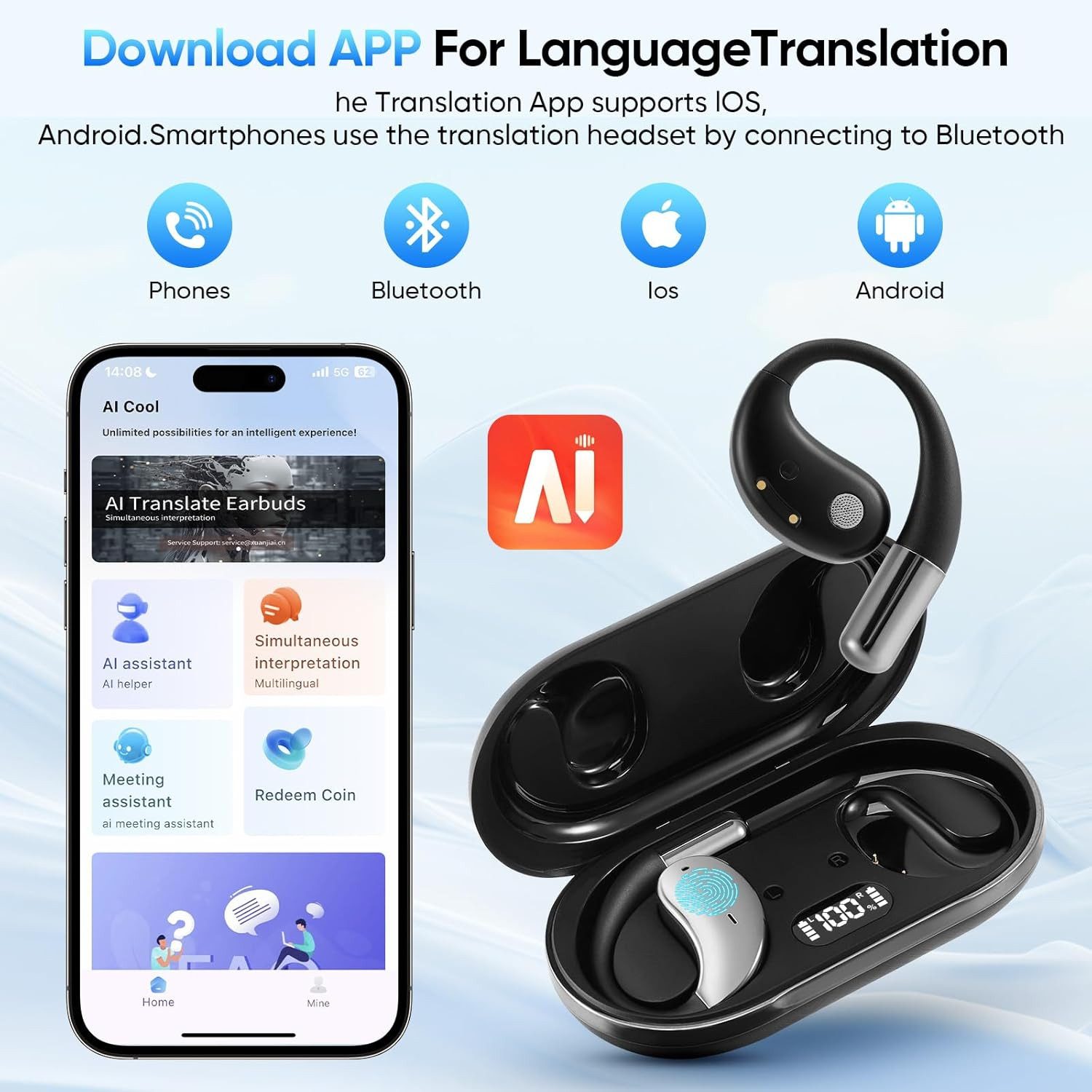 Forrlite In Ear Ohrhörer, Sprachübersetzer Kopfhörer AI Übersetzungskopfhörer Open-Ear-Kopfhörer (3-in-1 Sprachübersetzer Kopfhörer, Bluetooth 5.4 Sport-Kopfhörer, für Übung, Büro und Langzeitgebrauc, Bluetooth Kopfhörer)