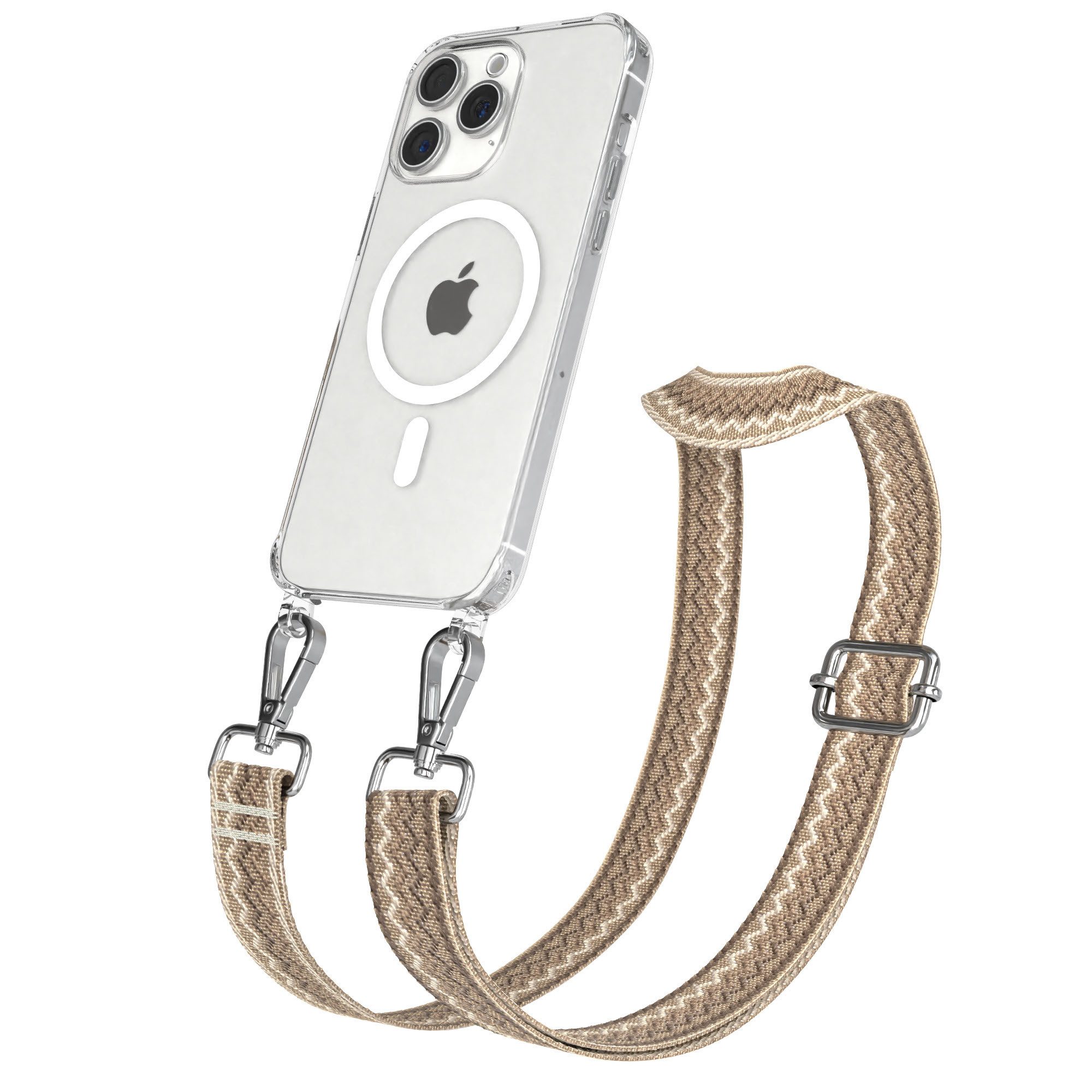EAZY CASE Handykette Umhängeband MagSafe Hülle Apple iPhone 15 Pro Max 6,7 Zoll, Verstellbarer Trageriemen Wave Case MagSafe DIY Gürteltasche Braun