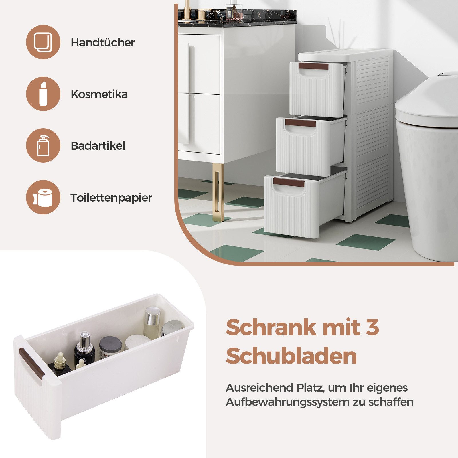 COSTWAY Beistellwagen Nischenschrank schmal, mit 3 Schubladen & Rollen, weiß – Bild 4 von 5