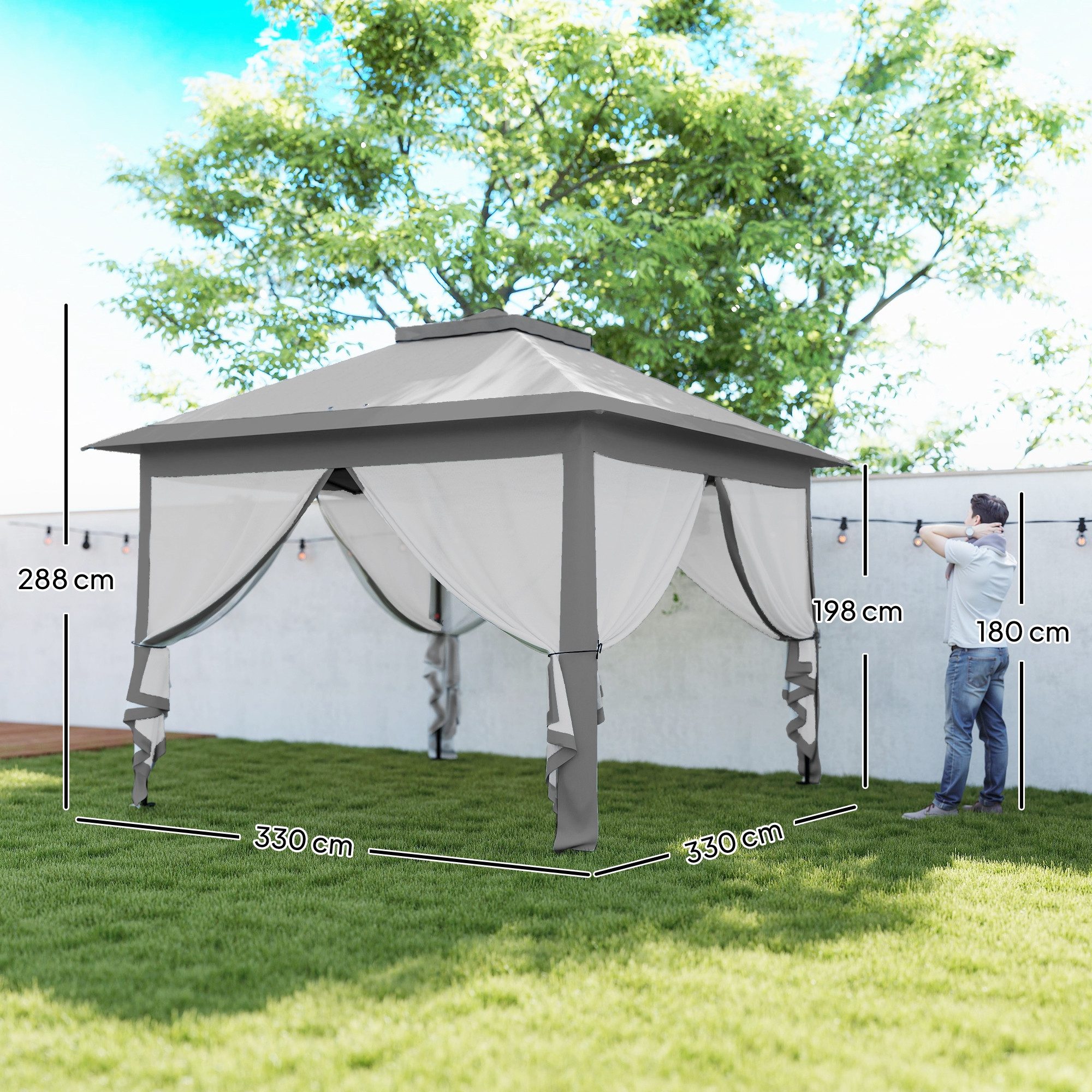 Outsunny Faltpavillon 3,3x3,3m, wasserabweisend Winterfest, mit Doppeldach, UV Schutz, mit 4 Seitenteilen, (Pop-up Pavillon, Partyzelt), mit Tasche, für Camping, Garten, Grau