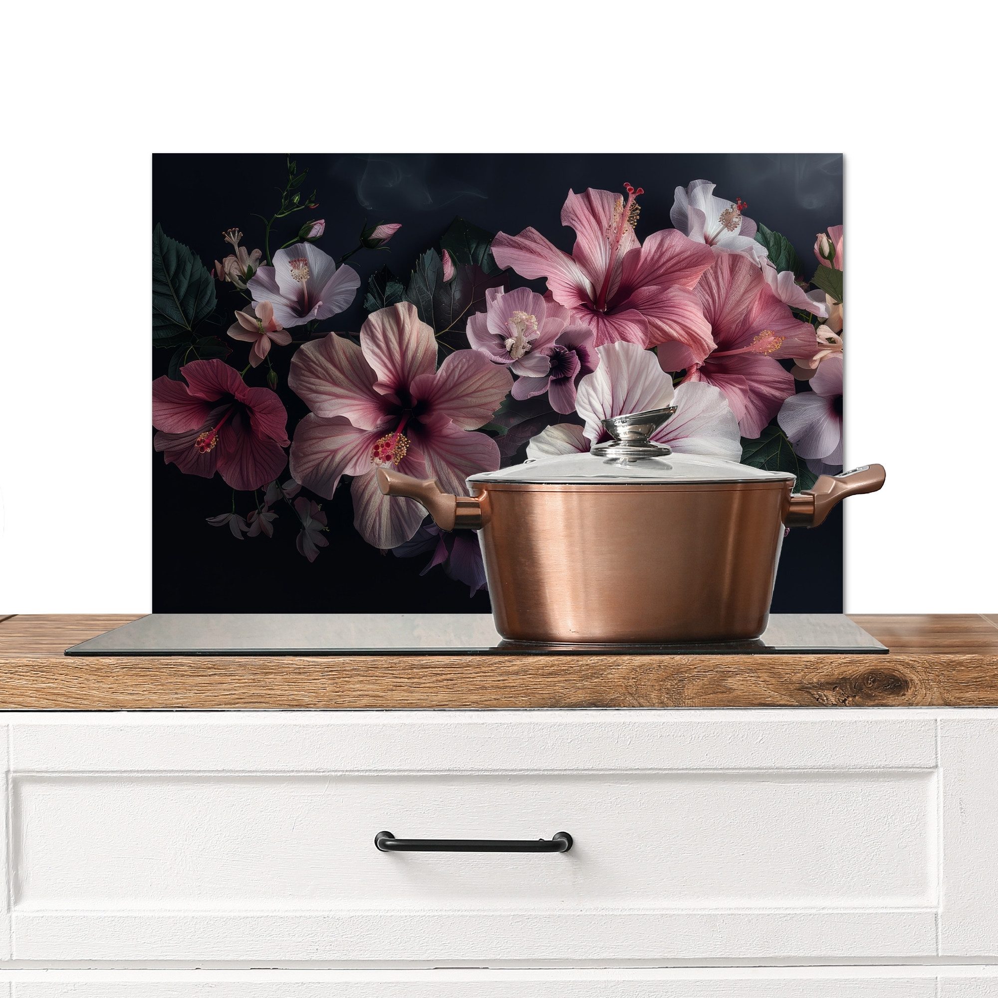 MuchoWow Küchenrückwand Blumen - Hibiskus - Rosa - Modern, (1-tlg), Spritzschutz Küche, Küchendeko, 60x40 cm