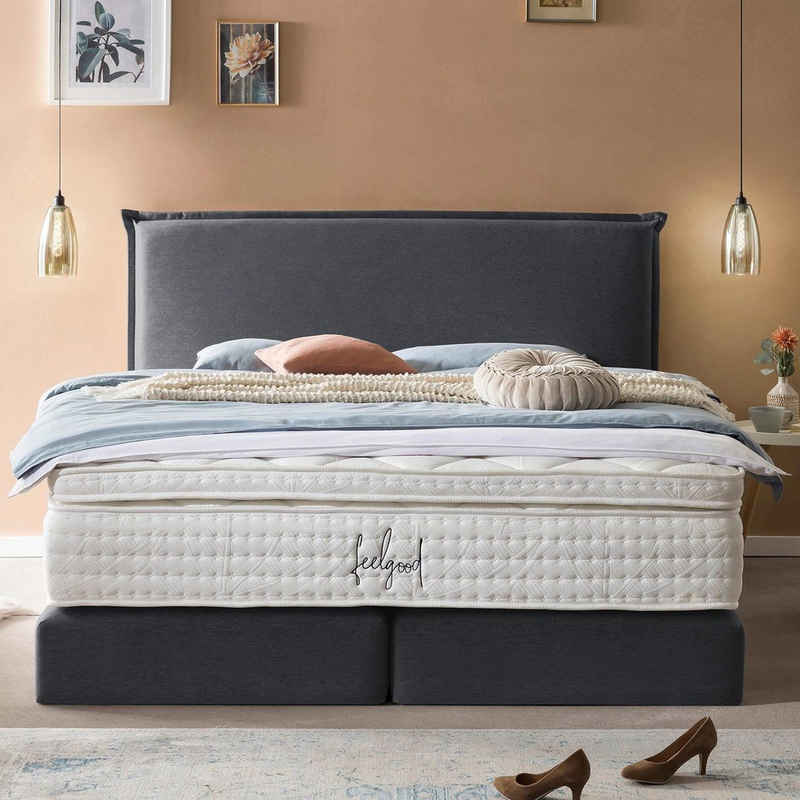 BettCo Boxspringbett London (in Anthrazit Webstoff, 140 x 200 cm), Zeitloses-Design mit Biese + optionaler Topper, Gleiterfüße