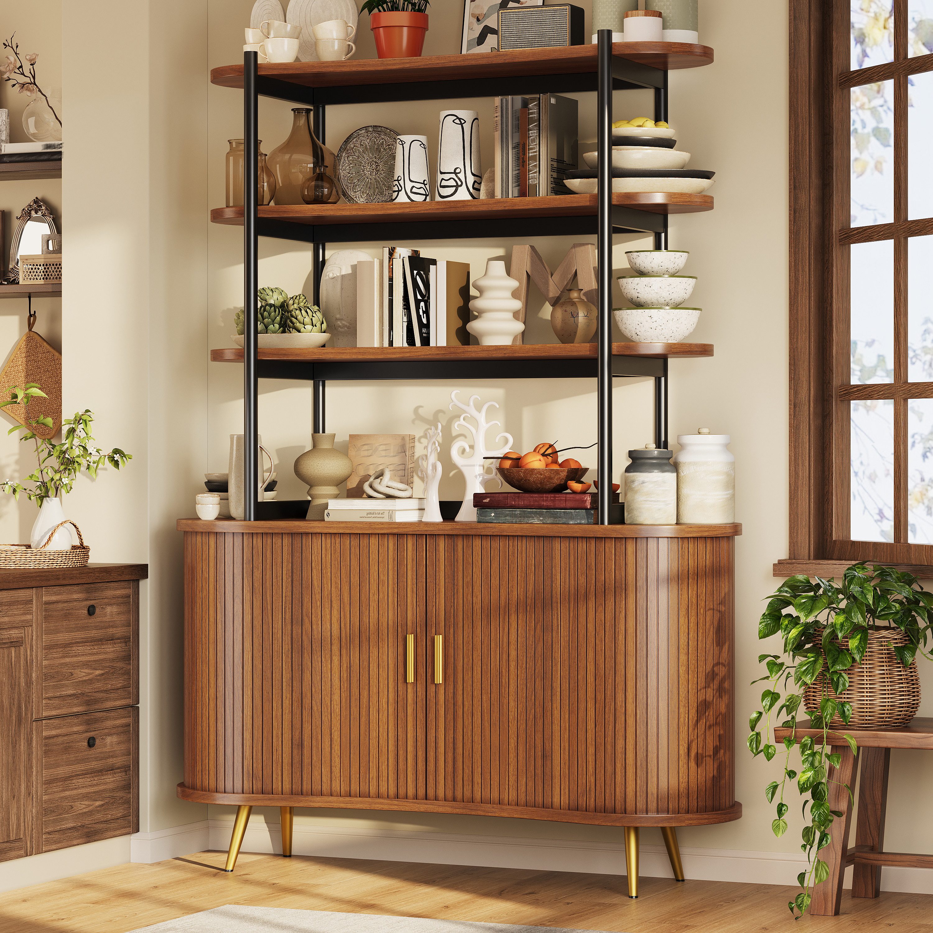 Flieks Sideboard Küchenbuffet mit 4-stufiges Regal, Schiebetür vertikaler Streifenoptik (B120xT40xH183 cm, 1 St), Küchenschrank mit Standregal Mehrzweckschrank Walnussholzfarbe