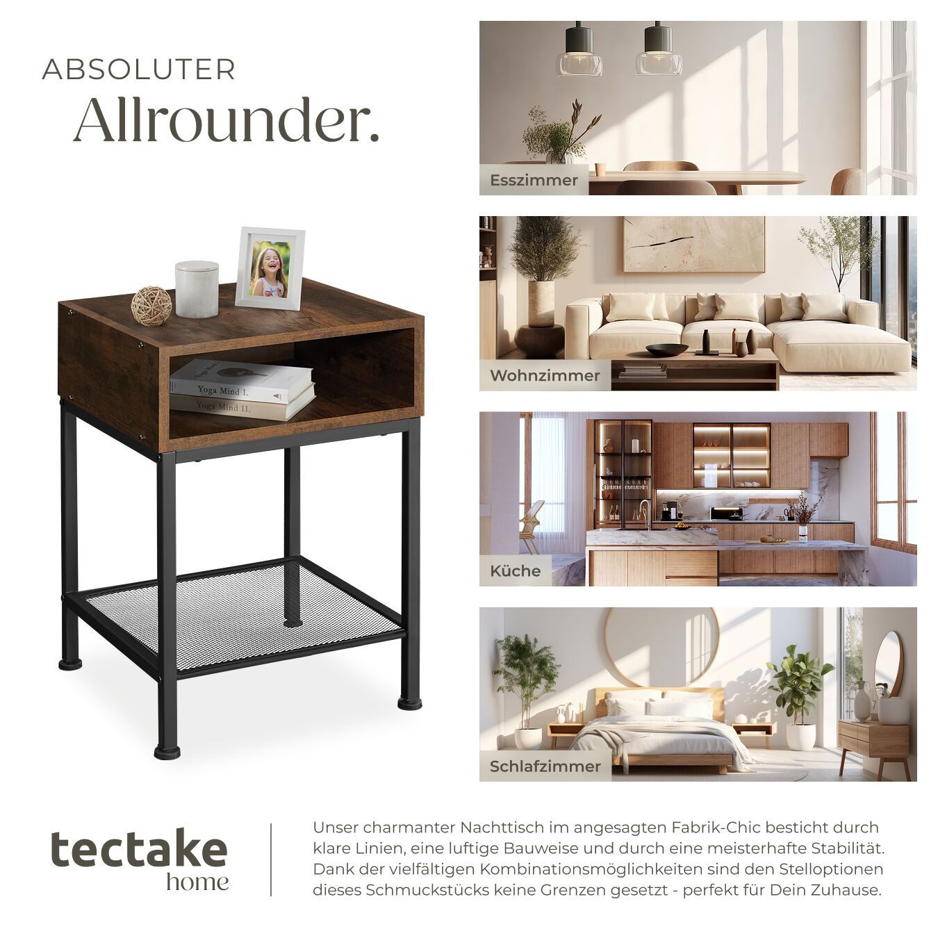 tectake Nachttisch Beistelltisch Harlow 40,5x40,5x59cm (1-St., 3 tlg), Quadratischer Nachttisch im markanten Industrie-Chic