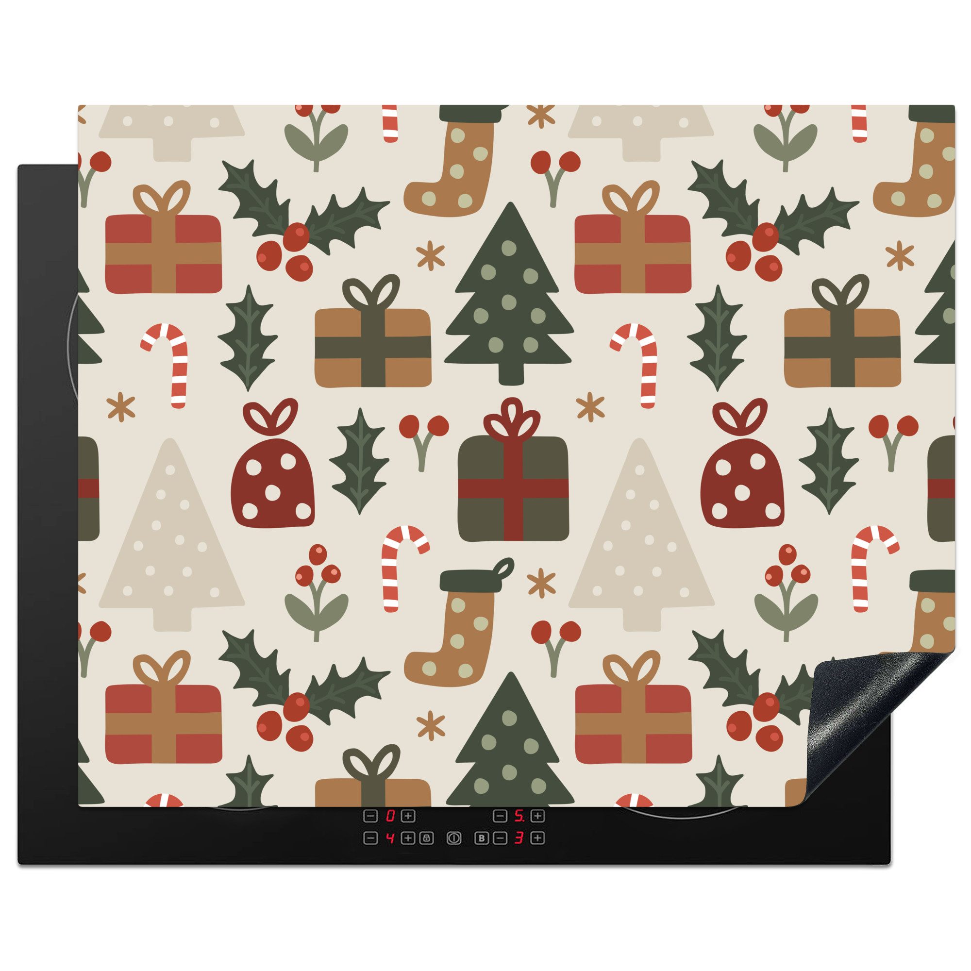 MuchoWow Herd-Abdeckplatte Illustration - Weihnachtsfiguren - Beige, Vinyl, (1 tlg), Abdeckung Induktionskochfeld Schutzmatte, Küche Deko, 65x52 cm