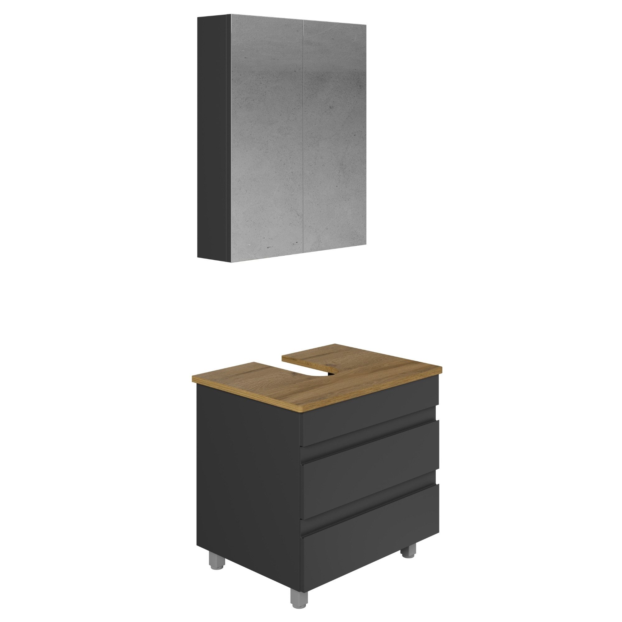 Karen Badmöbel-Set Stehendes Badmöbel Set Lara, (Komplett-Set, Standartmäßig 2-Teilig (Unterschrank, Spiegelschrank), Optionaler Hochschrank, 2-St., Lieferumfang: Unterschrank & Spiegelschrank), Minimalistisch, Matt-Membran-Beschichtung, Softclose, Grifflmulden