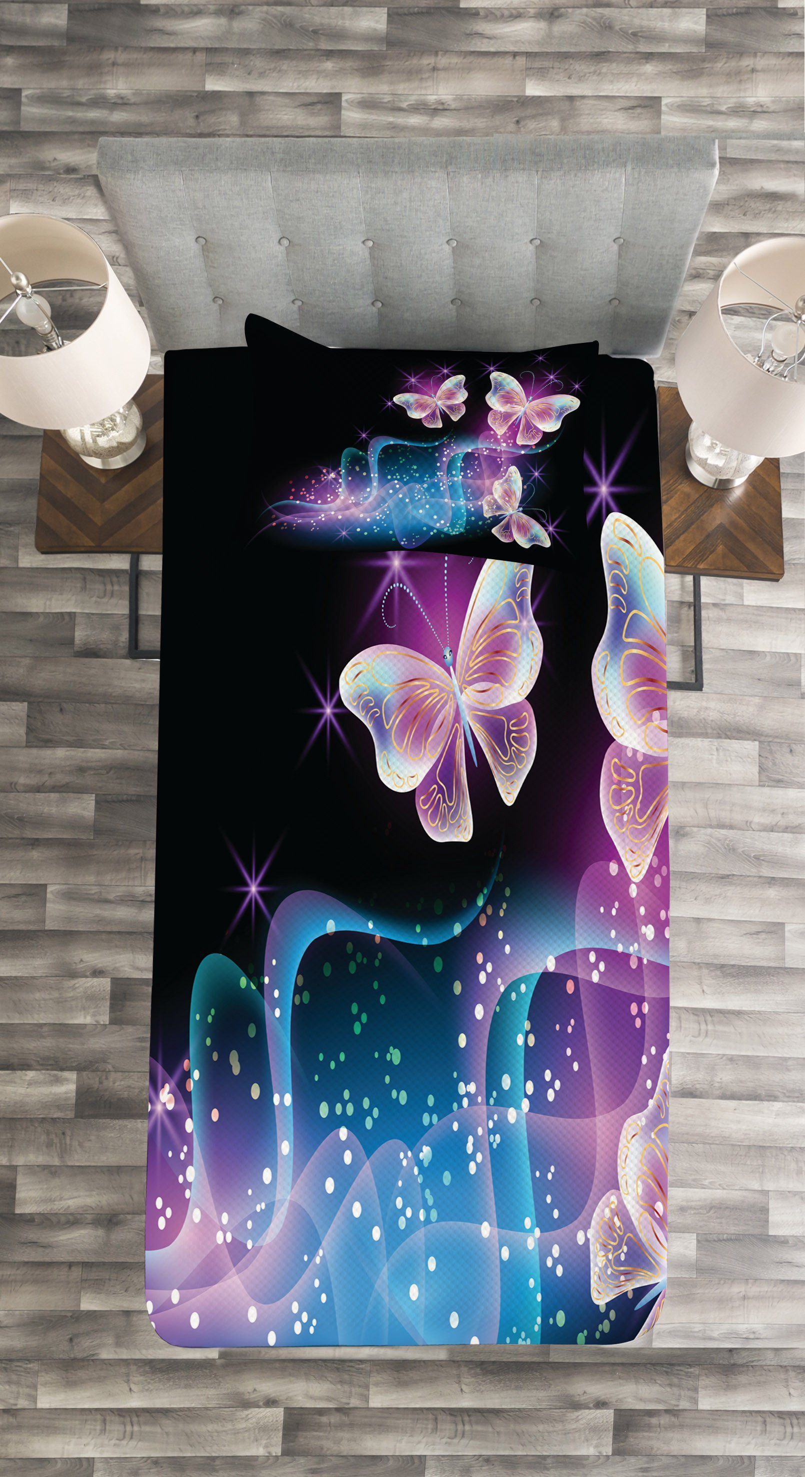 Magie mit Abakuhaus, Waschbar, Schmetterlinge auf Tagesdecke Dunkelheit Kissenbezügen Set Schmetterling