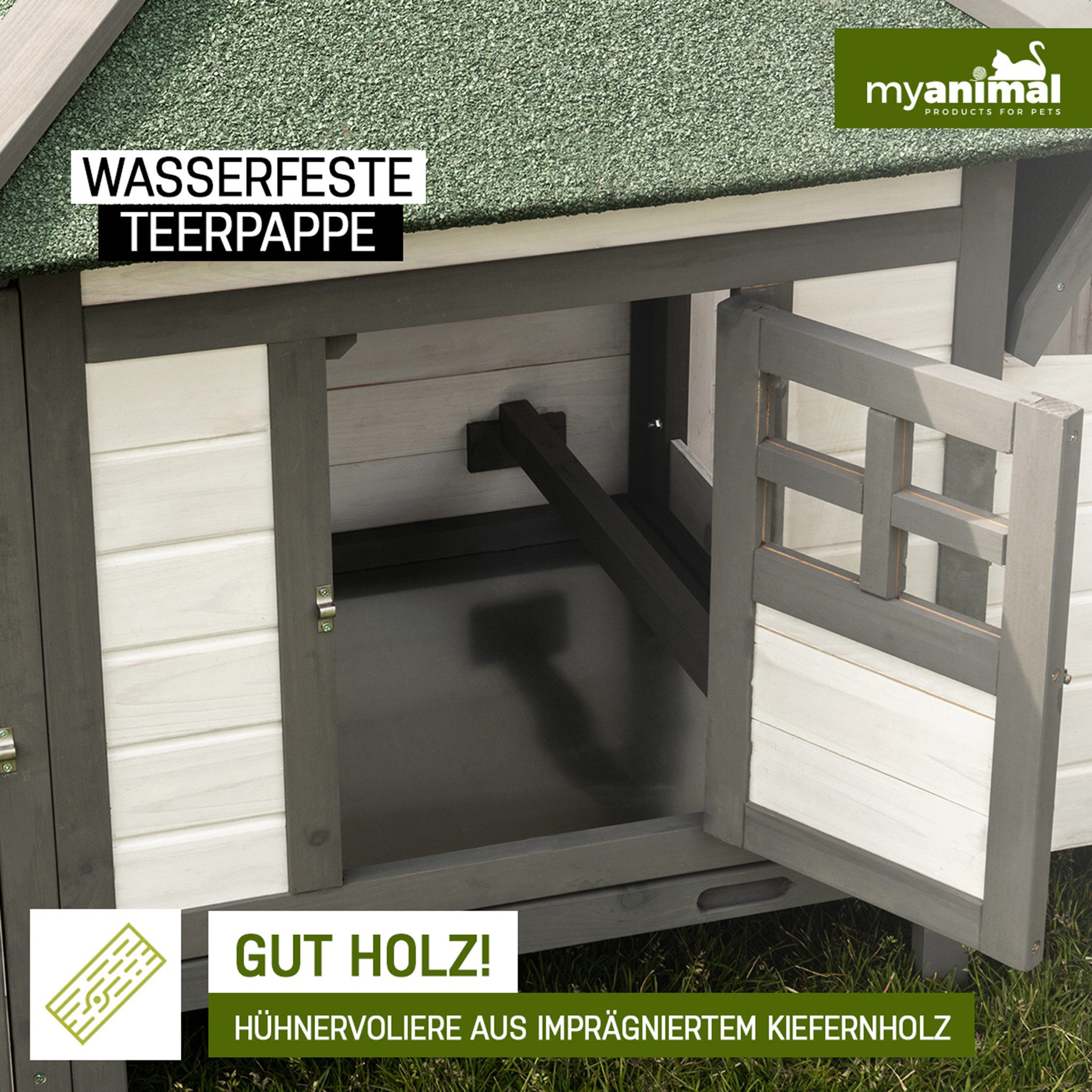 My Animal Hühnerstall MH-19 für 3-4 Hühner, Wetterbeständig, Kieferholz, Hühnerhaus, Hühner Käfig, Gehege, Nistkasten