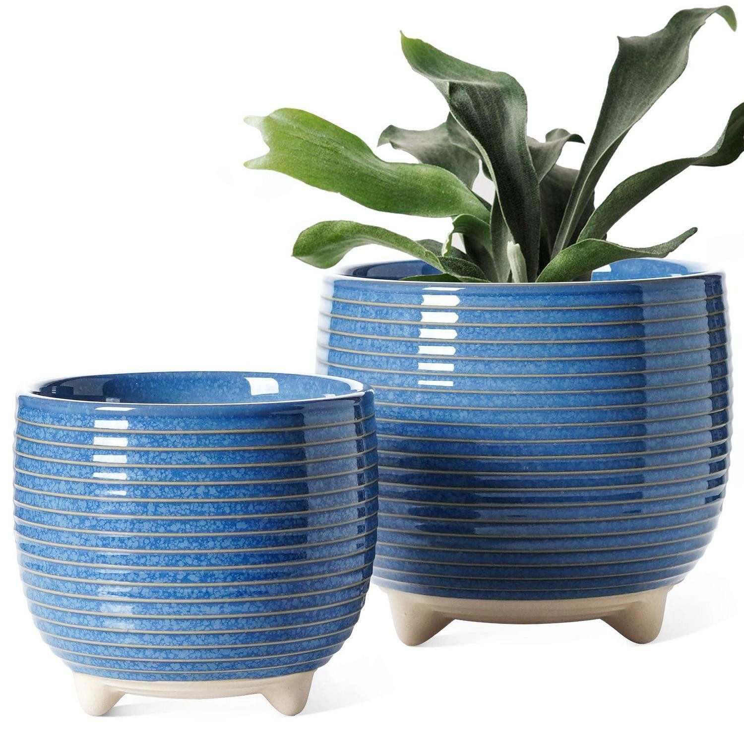 LuxusKollektion Blumentopf Blumentopf Keramik 12cm 16cm 2er Set Abflussloch Reaktive Glasur Blau