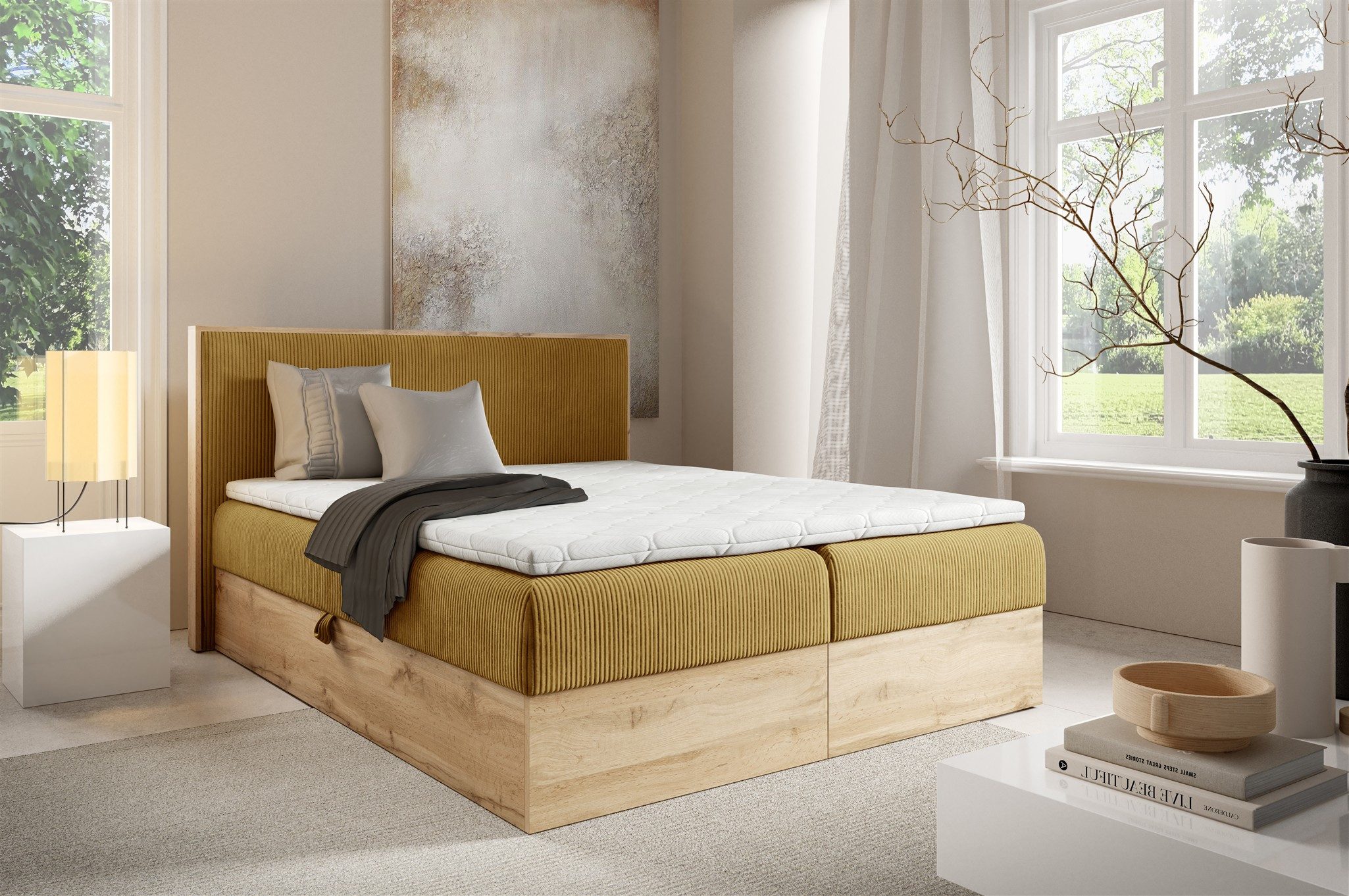 Fun Möbel Boxbett Bett Schlafzimmerbett ROLAND PREMIUM Überlänge in Stoff Lincoln (mit Taschenfederkernmatratze), inkl. Bettkästen