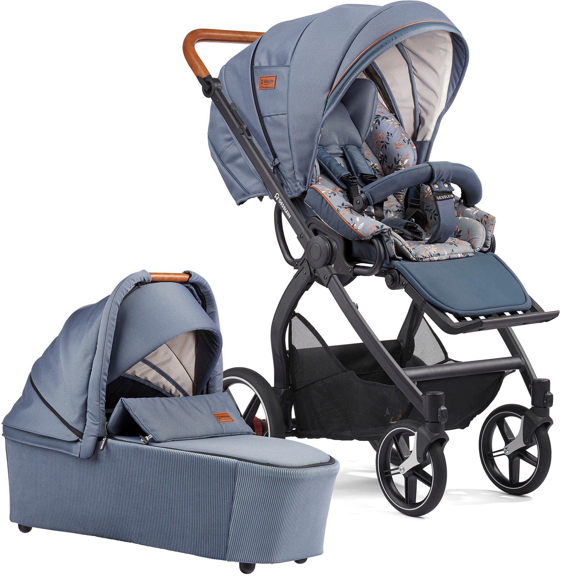 Gesslein Kombi-Kinderwagen FX4 Soft+ mit Aufsatz Classic, schwarz/cognac, mittelblau, mit Babywanne Cx3 und Babyschalenadapter