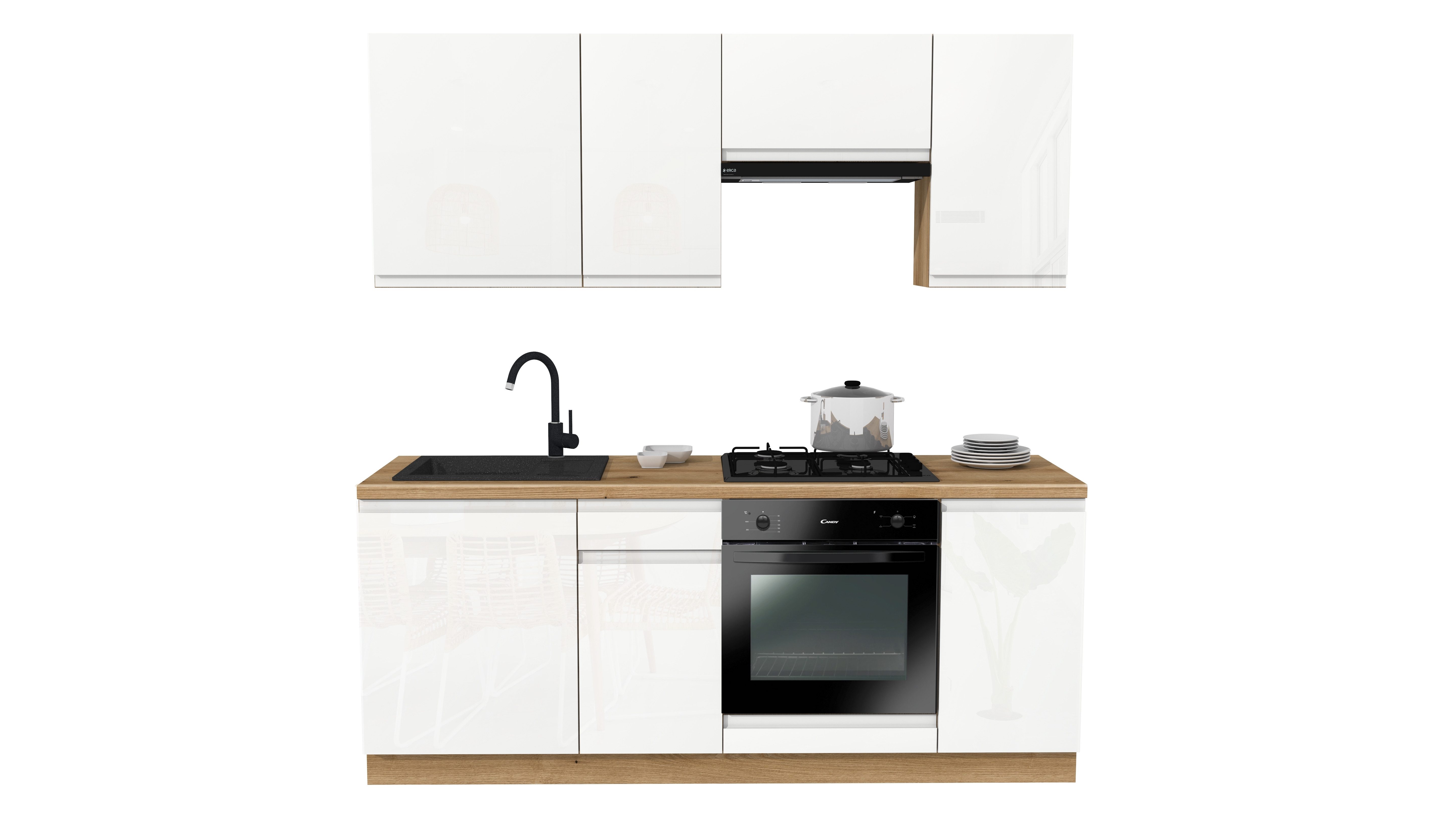 ROYAL24_MARKT Küchenzeile - SIMPLY Z13 200 cm - Weiß Hochglanz / Eiche, (Komplett Set), Zeitlos - Exklusiv - Top Qualität