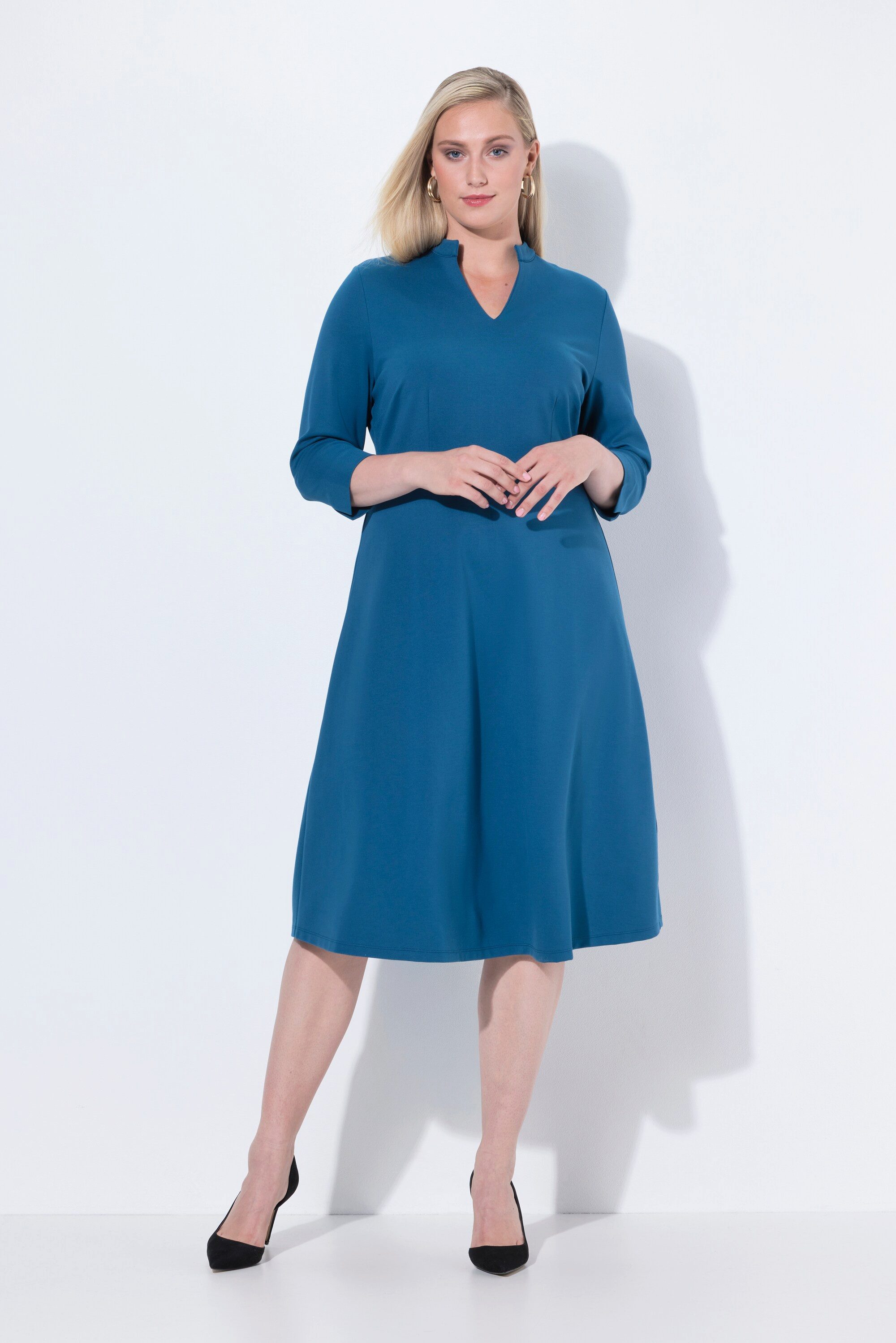 Ulla Popken Jerseykleid Punto-di-Roma-Kleid A-Linie V-Ausschnitt 3/4-Arm günstig online kaufen