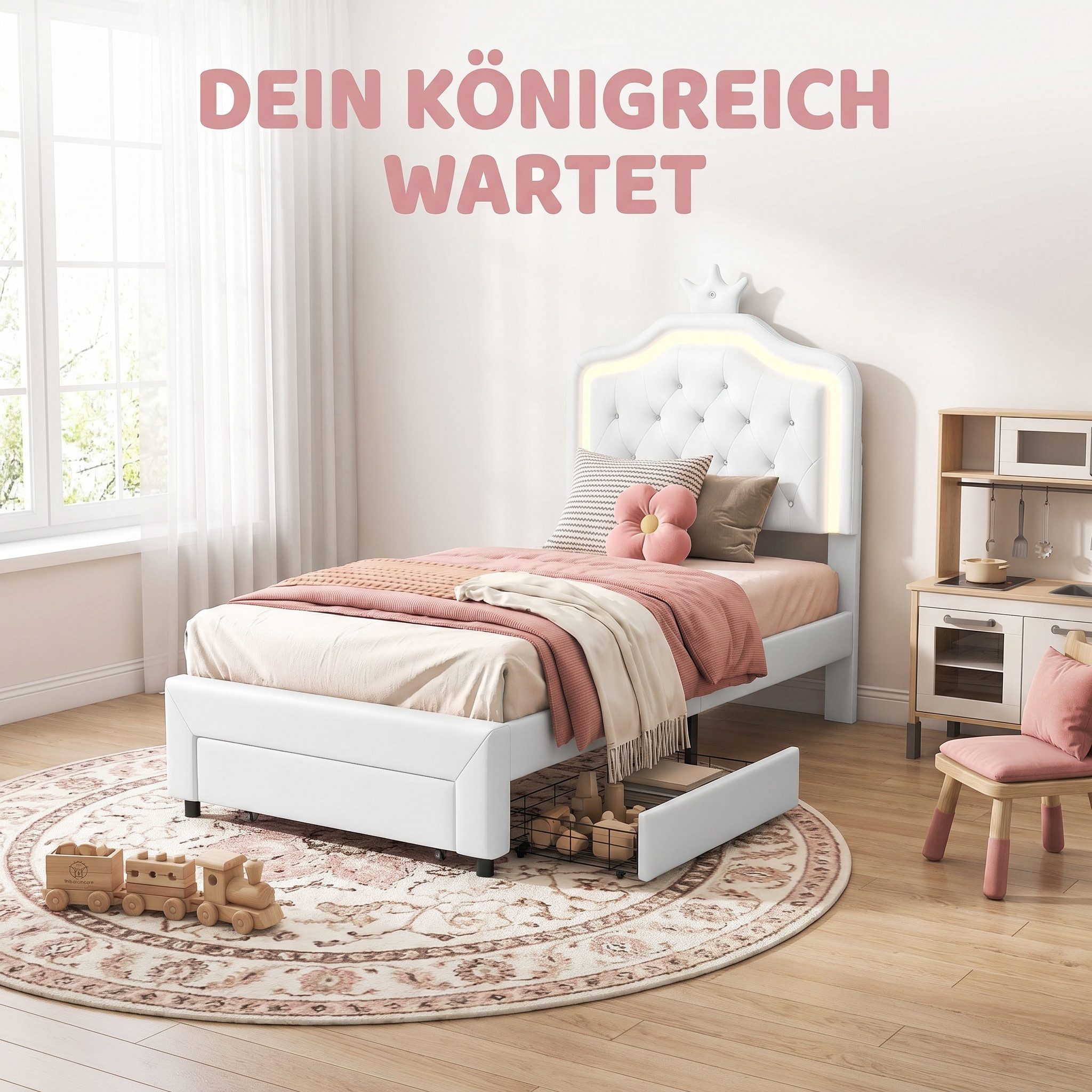 ADWOLT Einzelbett Polsterbett Kinderbett 90x200cm mit LED-Beleuchtung, mit Höhenverstellbarem Kopfteil,Kunstleder,Weiß