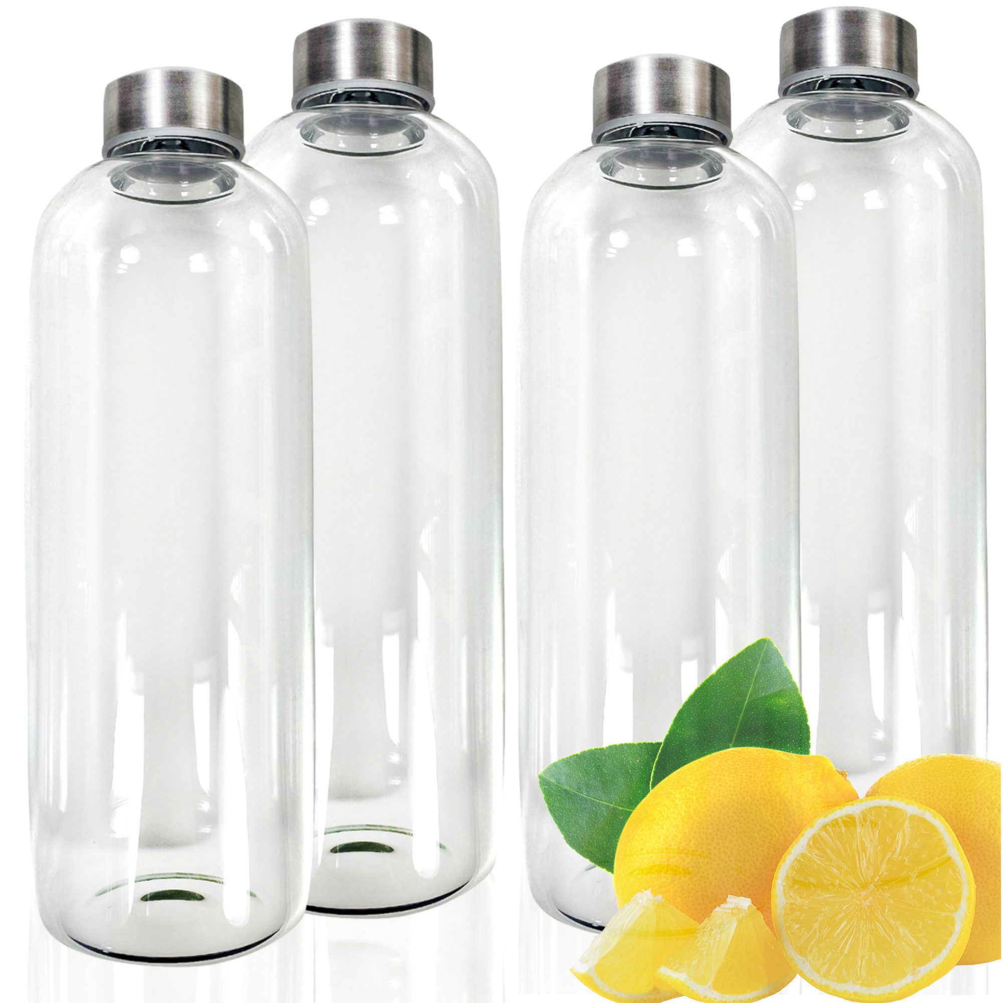 Smart-Planet Trinkflasche 4er Set 1L Trinkflaschen aus hochwertigem Borosilikatglas, Borosilikatglas, 1000 ml, Metall