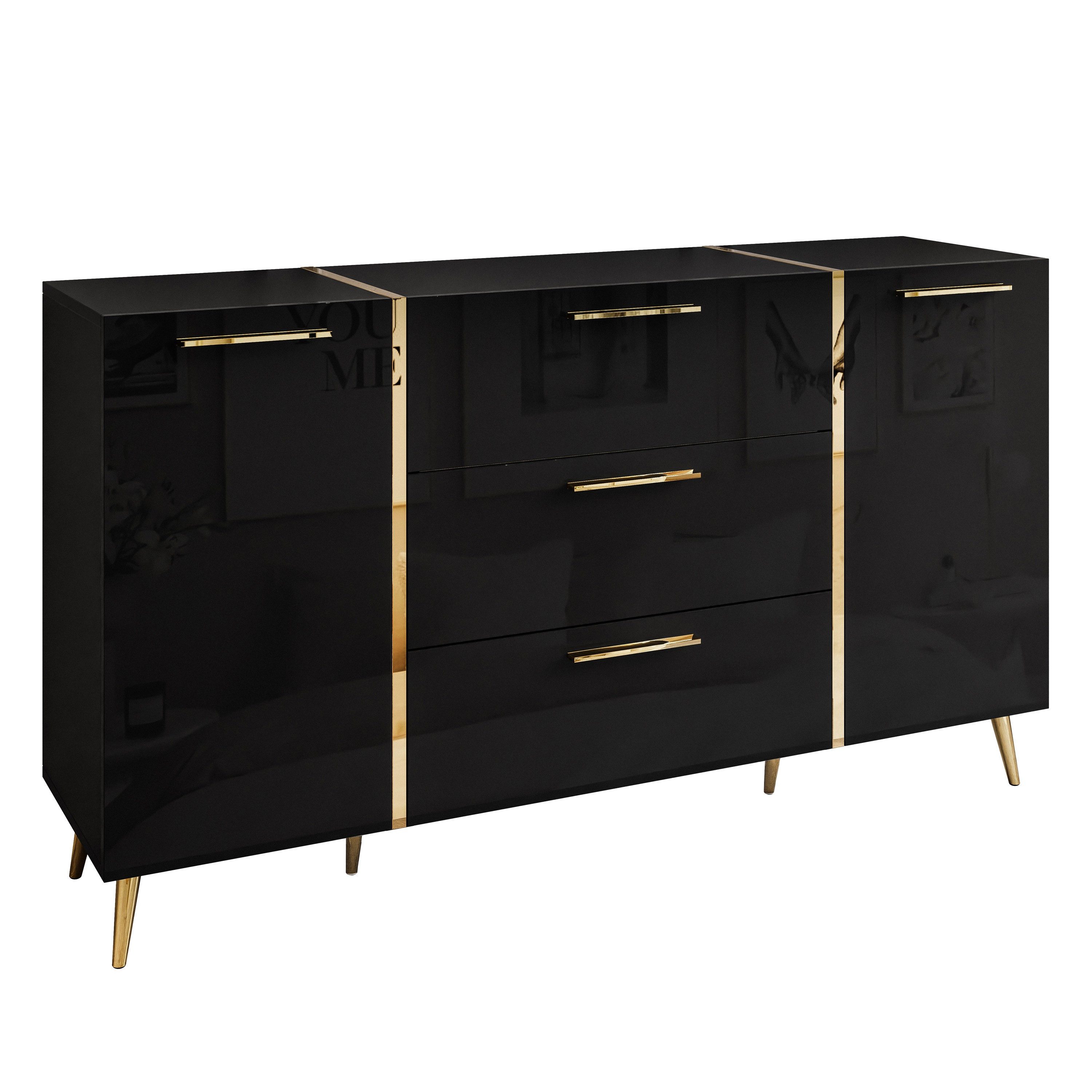 Lookway Kommode ONYX goldene Beine Hochglanz Push-Open / Goldgriffe 158 cm, 158x41x88 cm
