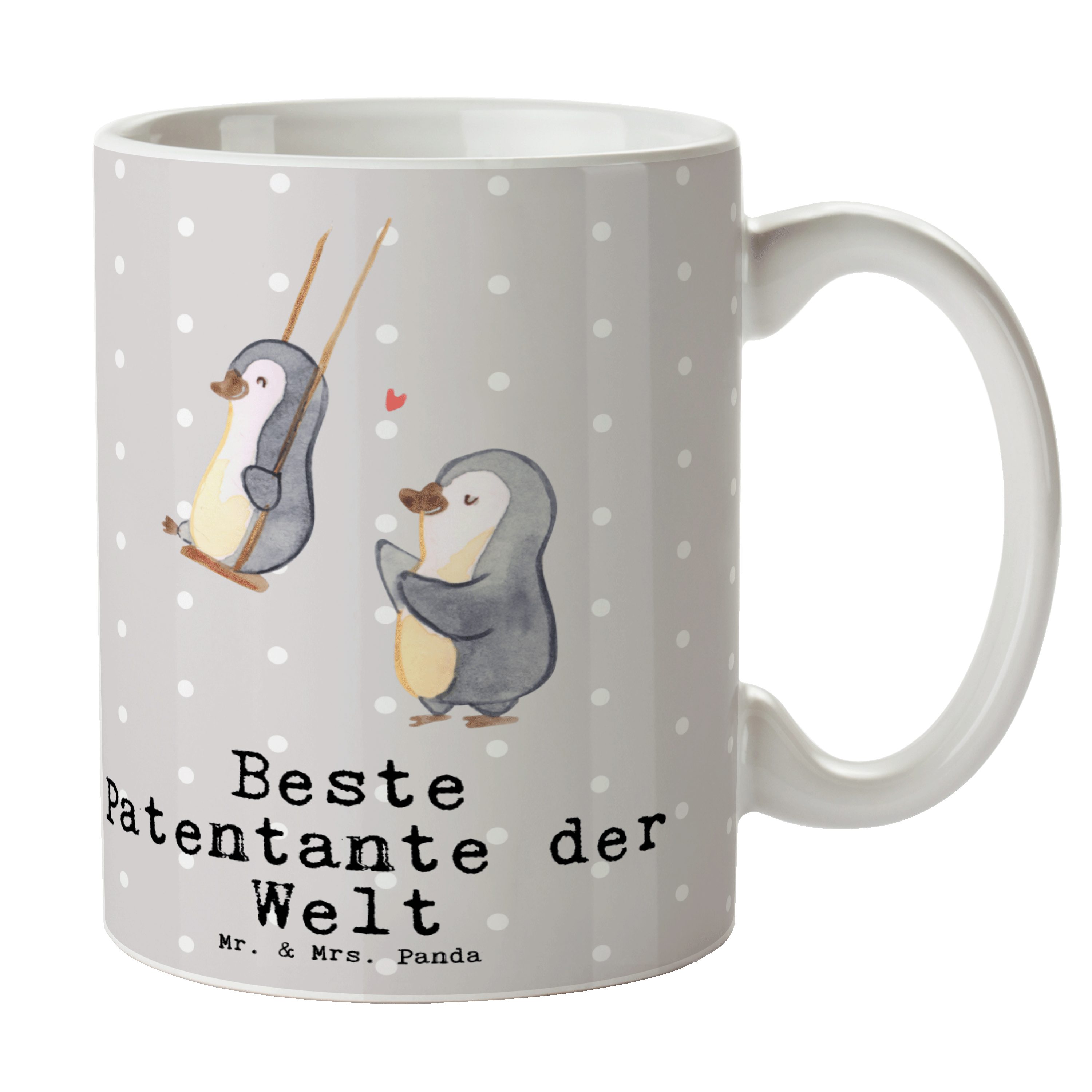 Mr. & Mrs. Panda Tasse Pinguin Beste Patentante der Welt - Grau Pastell - Geschenk, Geburtst, Keramik