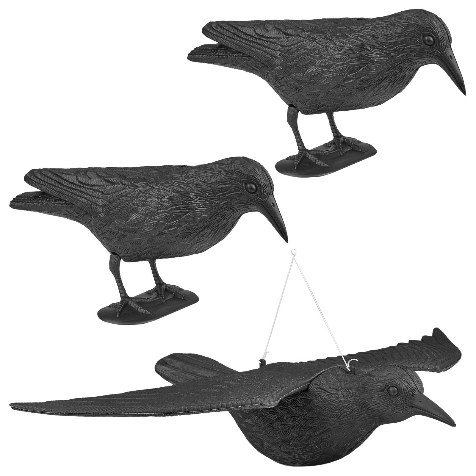 Wellgro Gartenfigur 3 x Vogelschreck - 2 x Krähe sitzend & 1 x Krähe fliegend - Vogelabwehr - Vogelscheuche - Kunststoff, schwarz, (3 St)