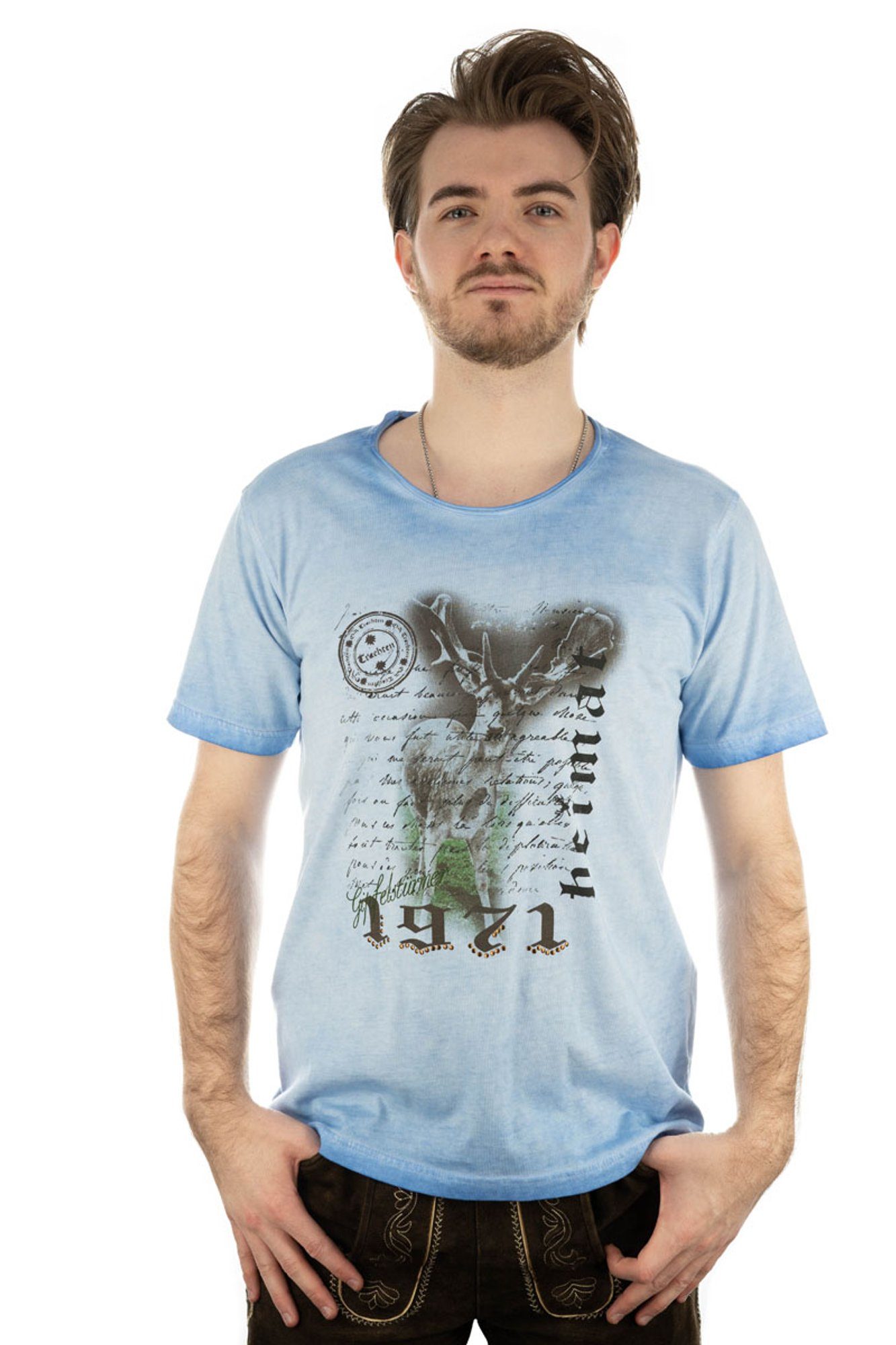OS-Trachten Trachtenshirt Ofapuo Kurzarm T-Shirt mit Motivdruck kornblau